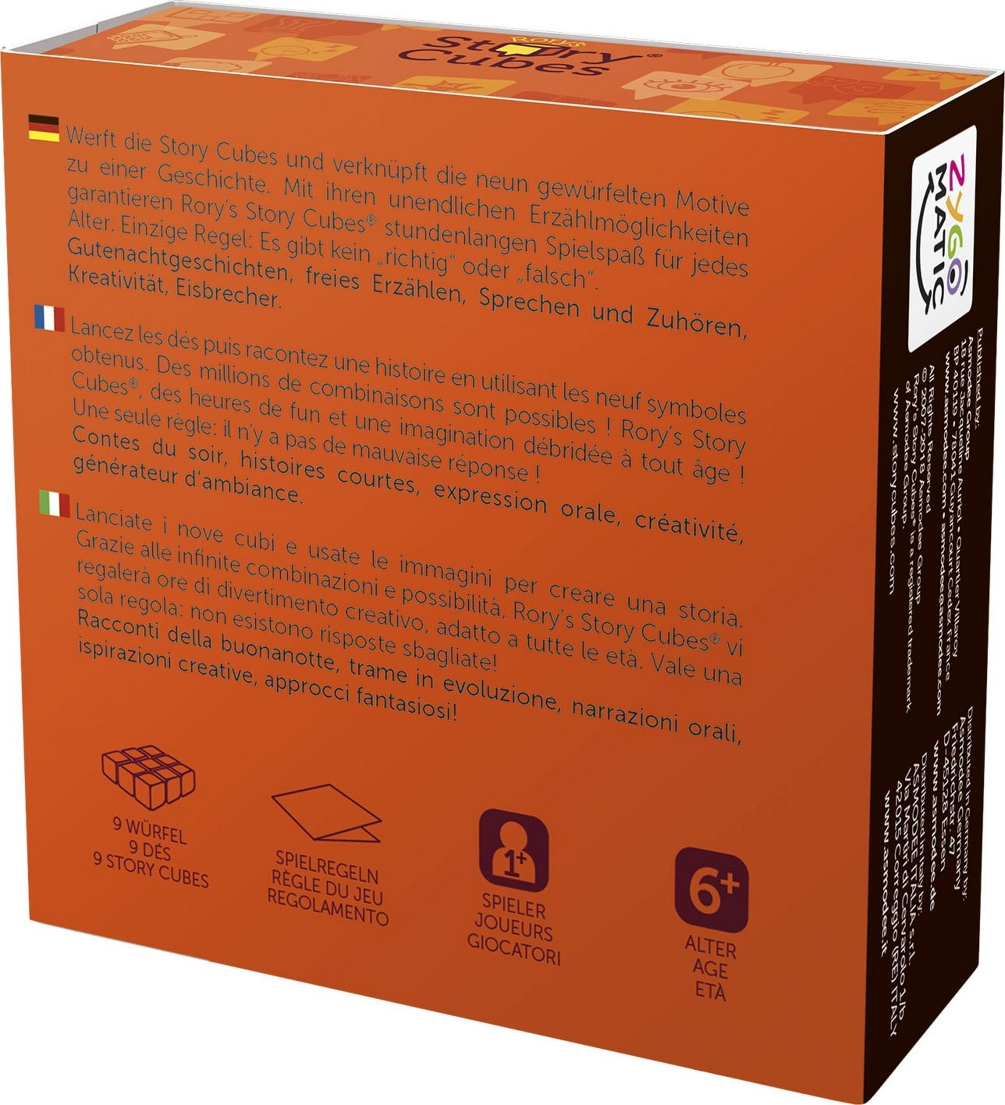 Scatola Story Cubes: Testo multilingue su sfondo arancione con loghi.