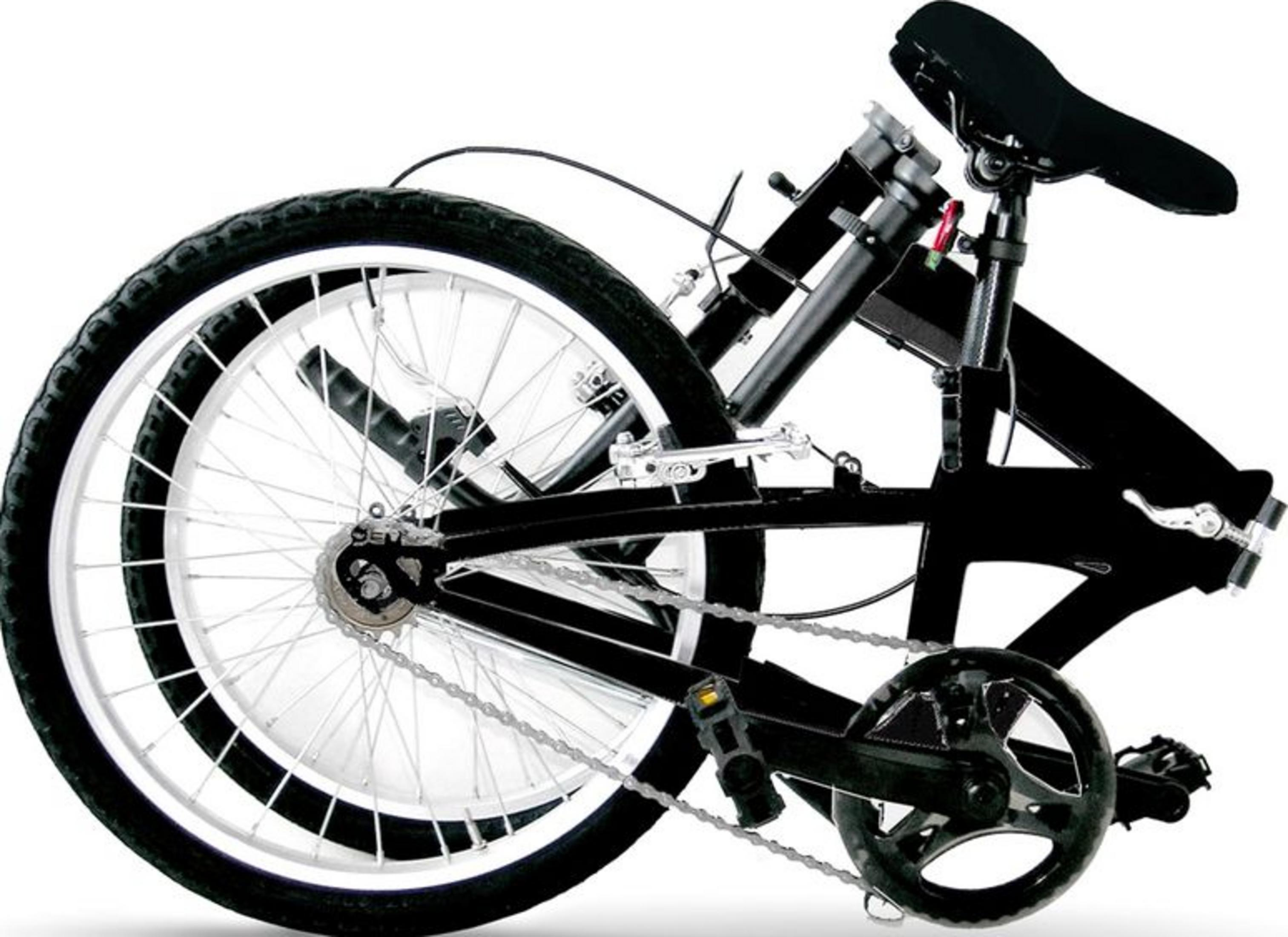 Una bicicletta pieghevole nera con cerchi, catena e pedali bianchi.