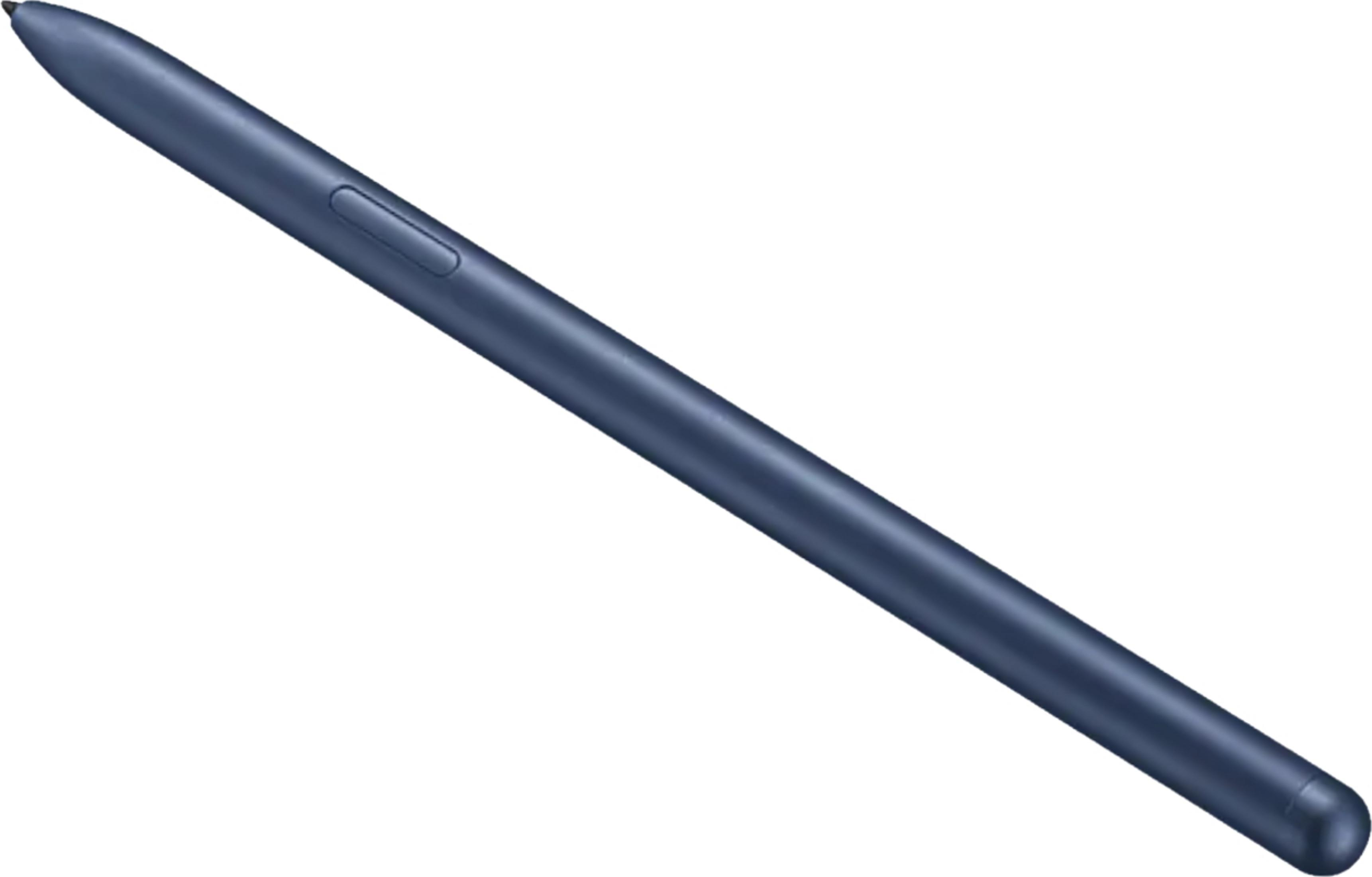 Dunkelblauer Stift mit silbernem Knopf, auf weißem Hintergrund liegend.