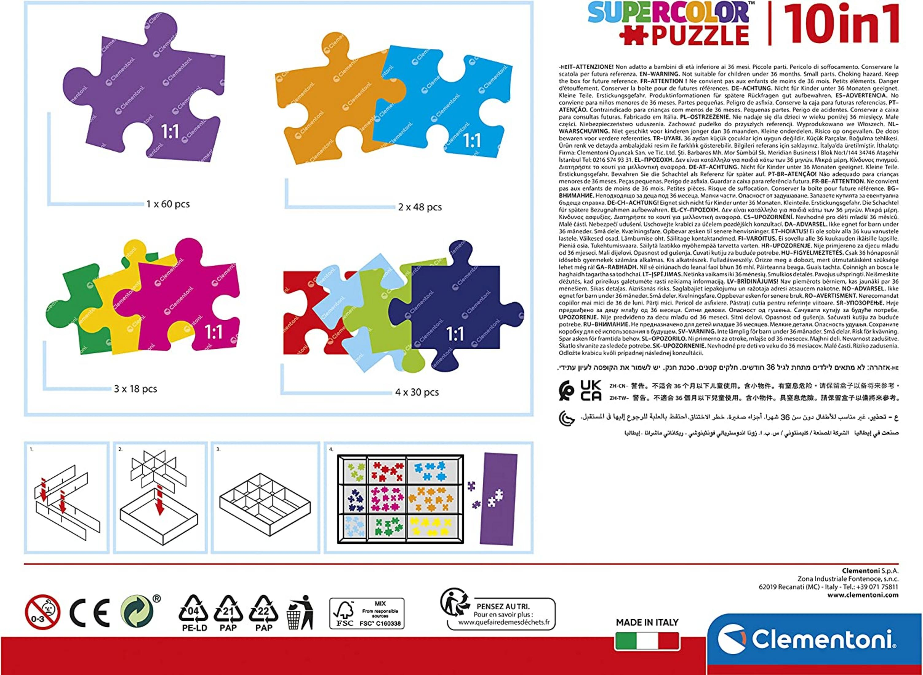Elementy puzzli w różnych kolorach i rozmiarach z oznaczeniami "1:1".