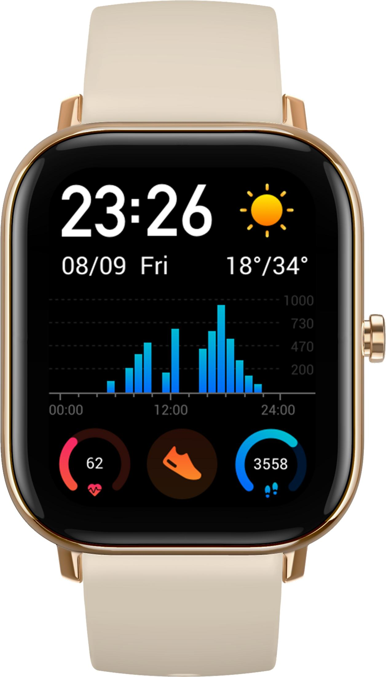 Smartwatch mostra 23:26, data, meteo, battito cardiaco, passi e grafico.