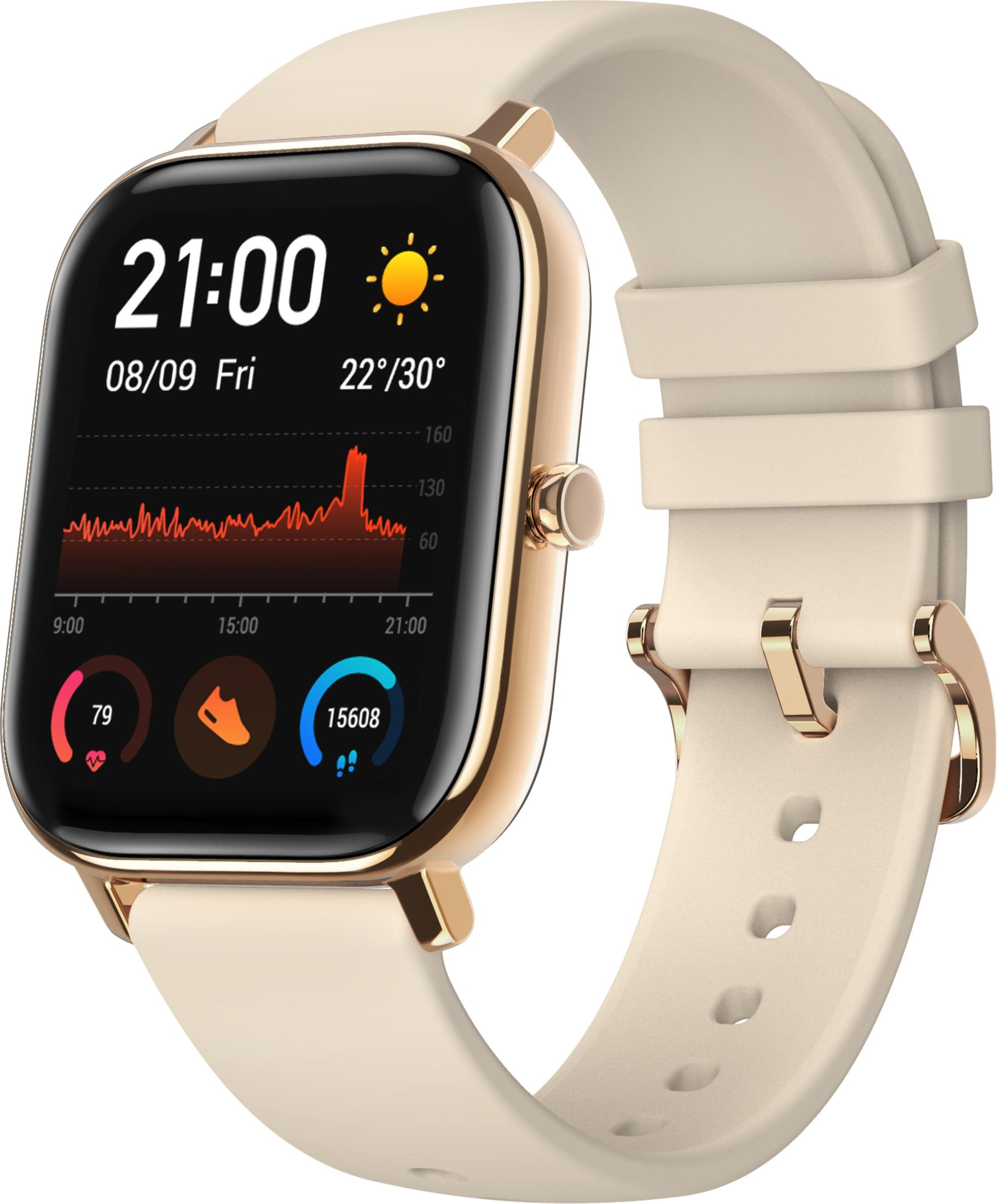 Orologio smart dorato con cinturino chiaro mostra ora 21:00, data, meteo e dati attività.