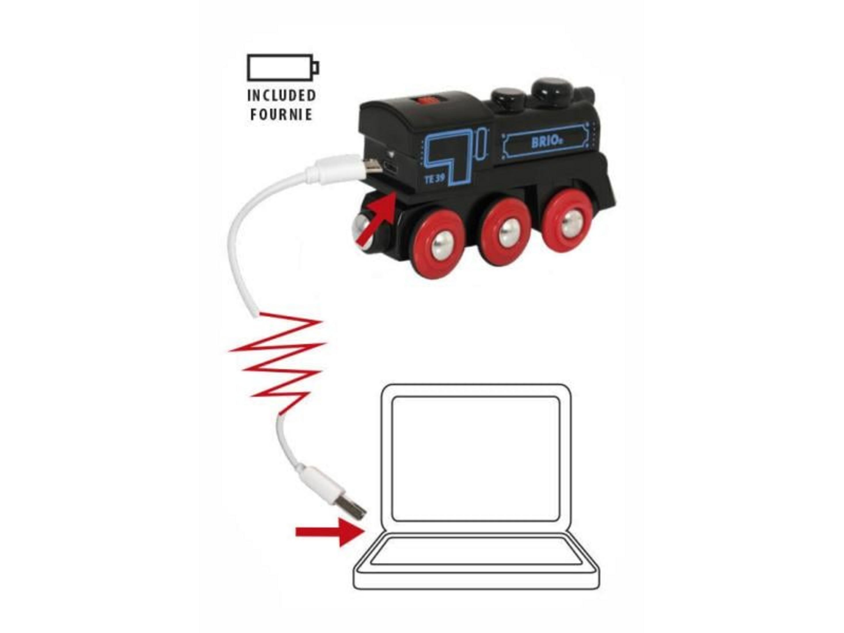 Czarny pociąg zabawka z czerwonymi kołami podłączony przez USB do laptopa.