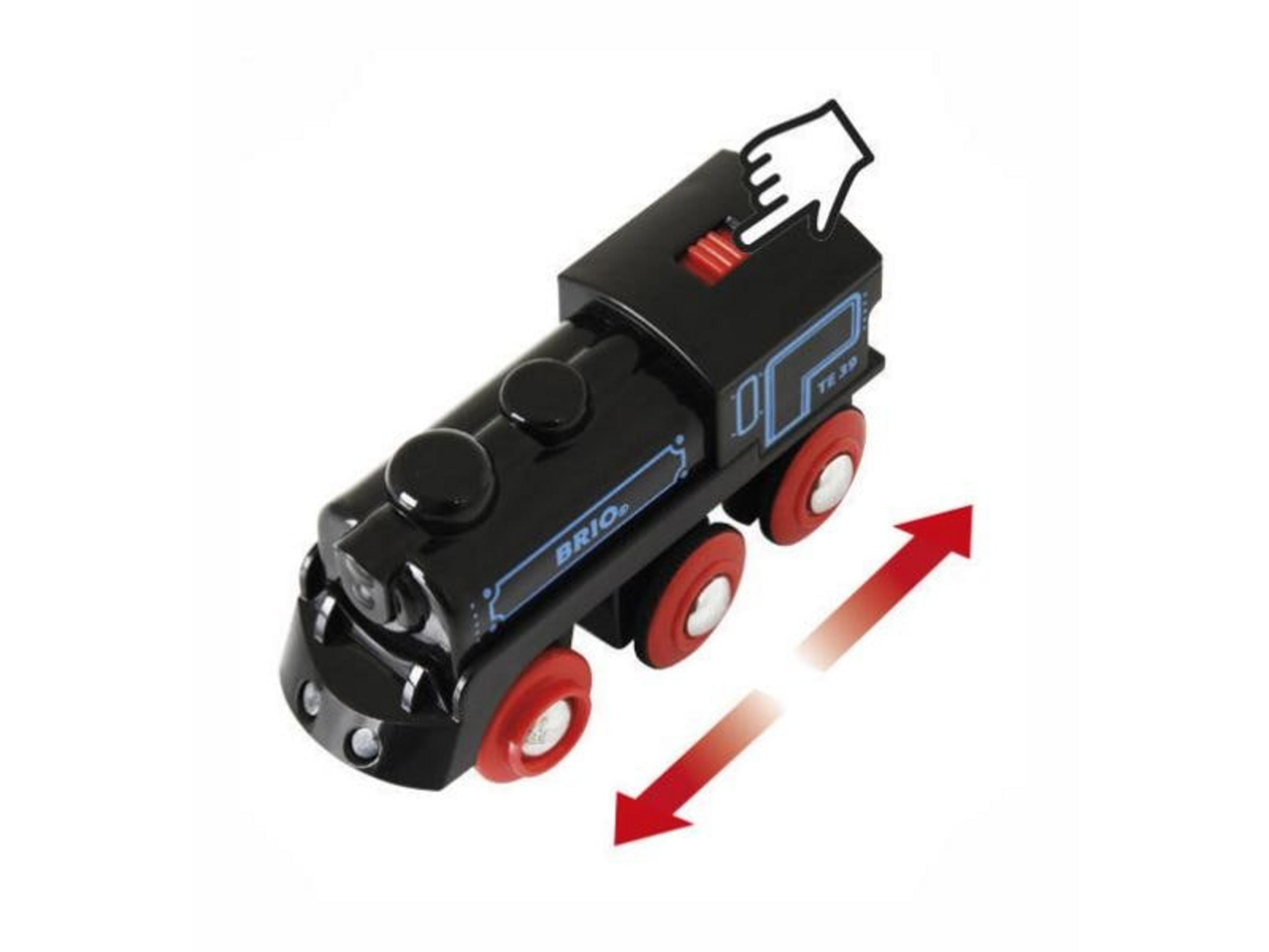 Czarny pociąg zabawkowa BRIO z czerwonymi kołami i czerwonym przełącznikiem.