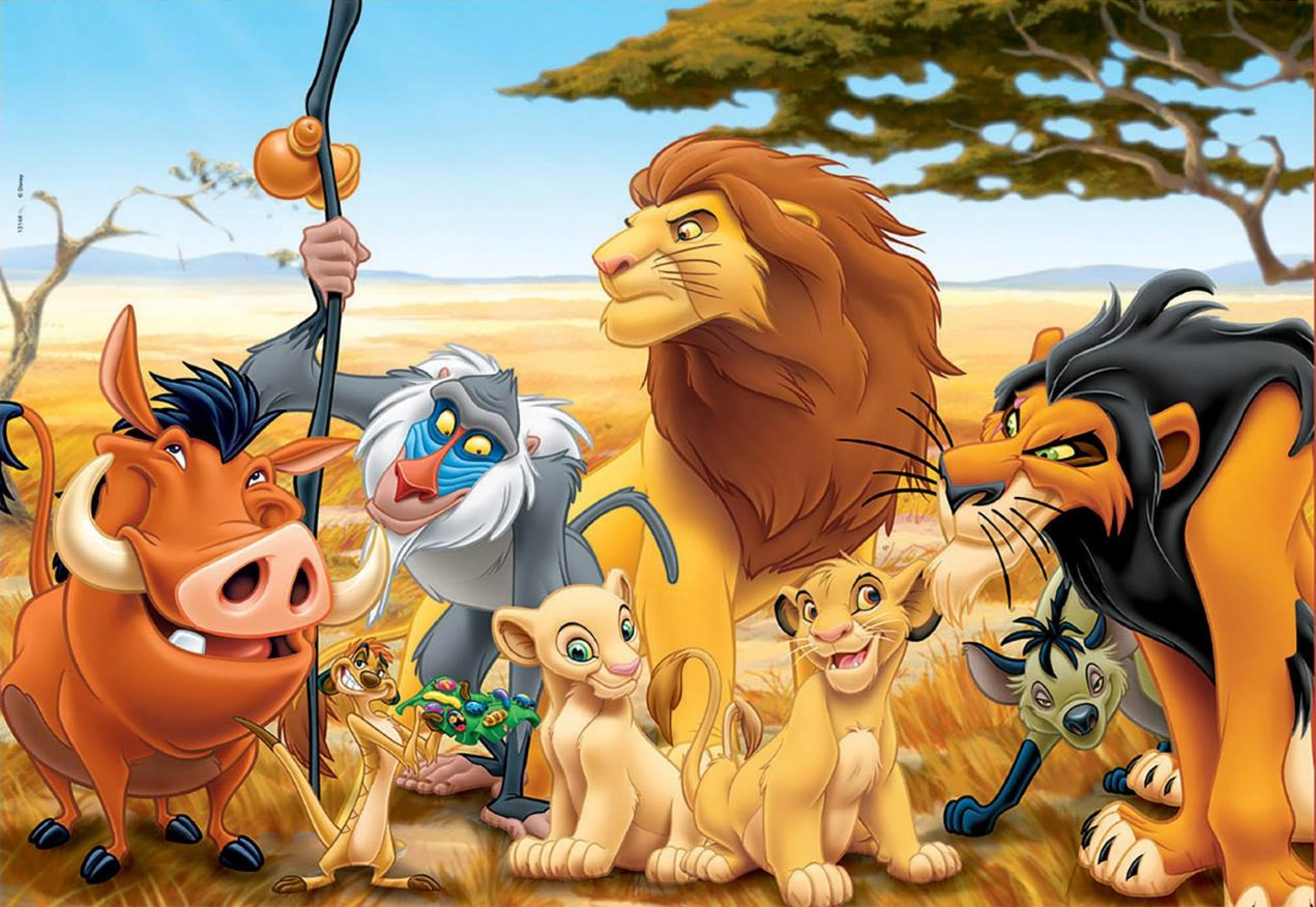 Scena sawanny z lwami, surykatką, guźcem i małpą.