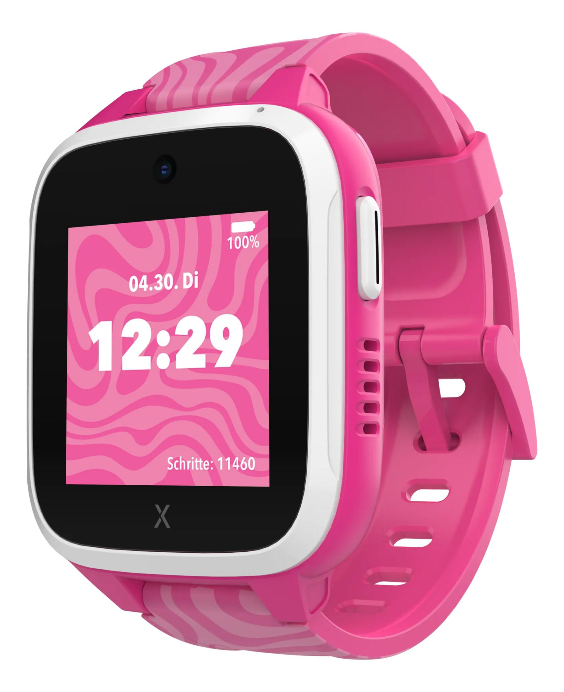 Eine pinke Smartwatch mit einem weißen Rand und einem digitalen Display.