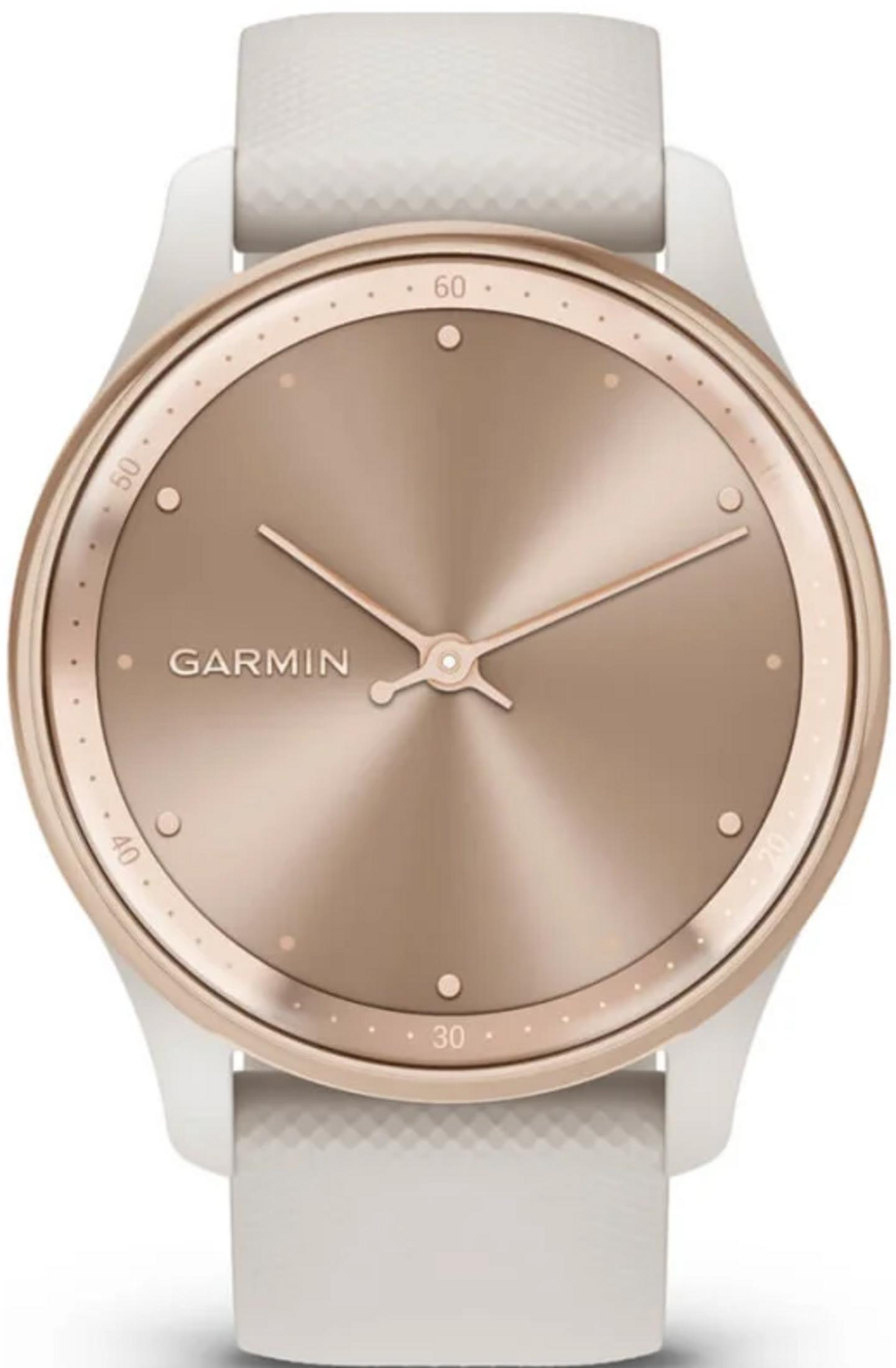 Eine schicke Garmin-Uhr mit roségoldfarbenem Zifferblatt und weißem Armband.