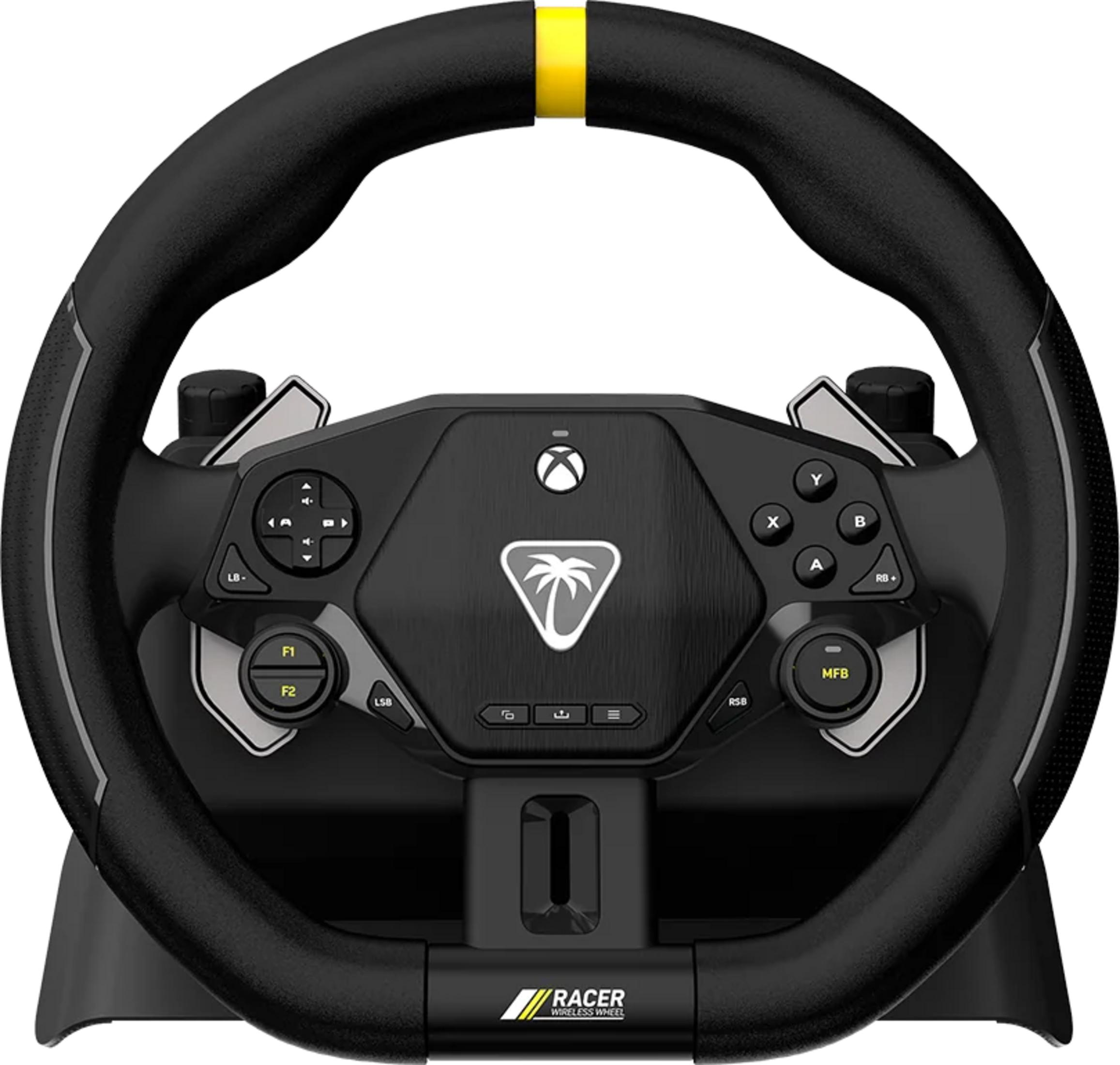 Un volante da corsa nero con striscia gialla e pulsanti.