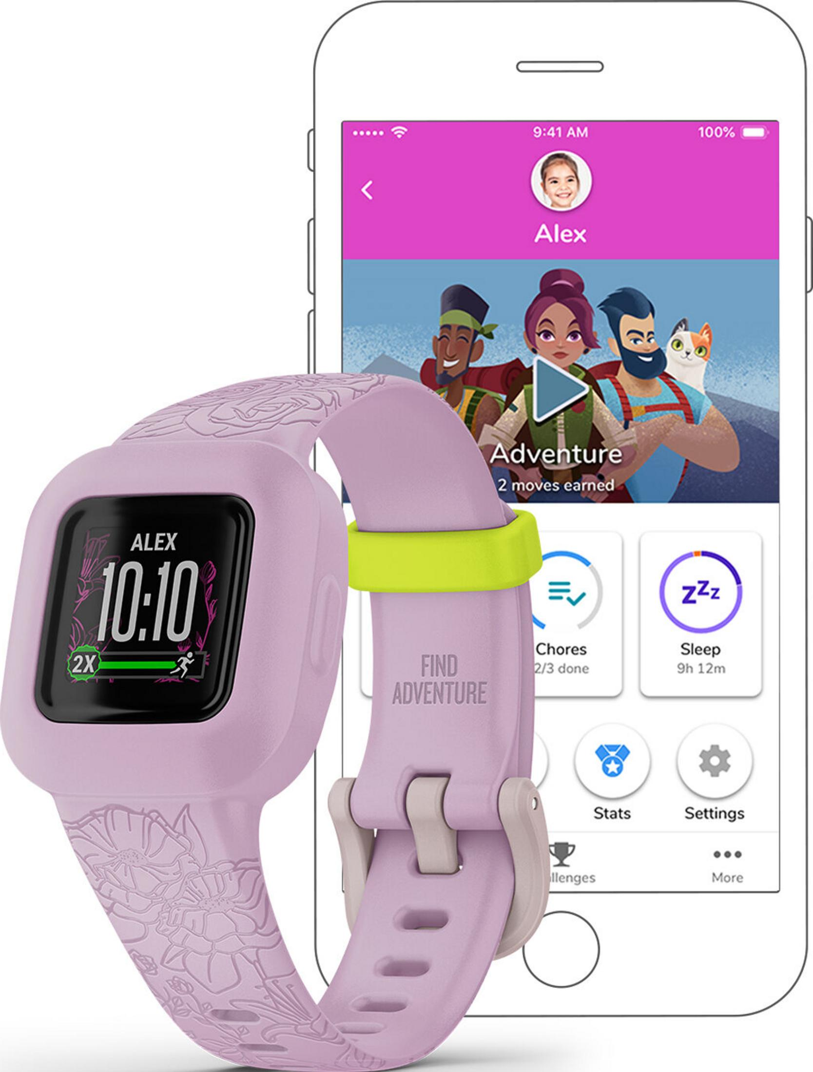 Uno smartwatch viola mostra le 10:10. Accanto, un telefono con un'app.
