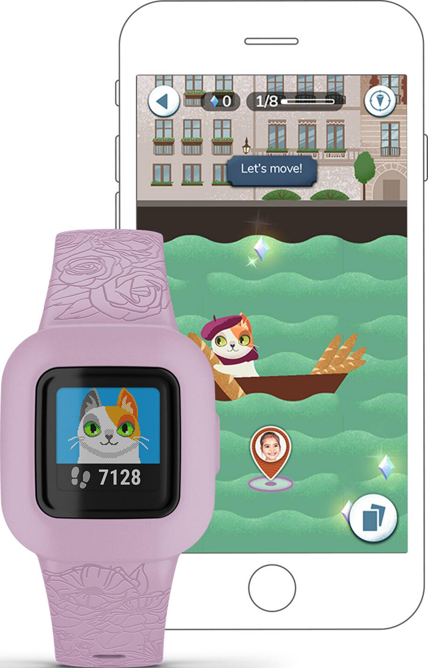 Orologio viola con gioco di gatti e telefono. Contapassi 7128.