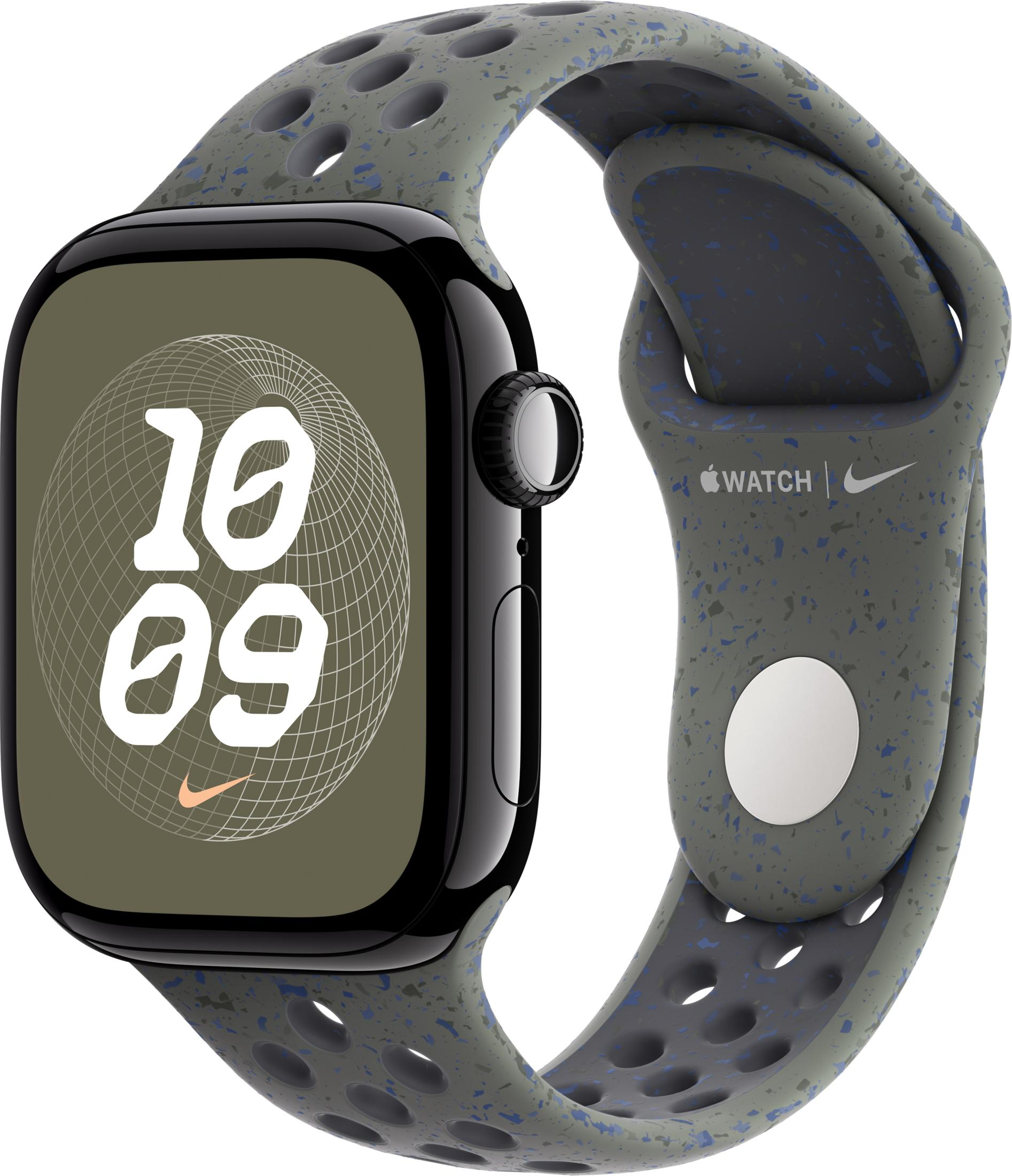 Szary Apple Watch z tarczą i perforowaną opaską Nike.