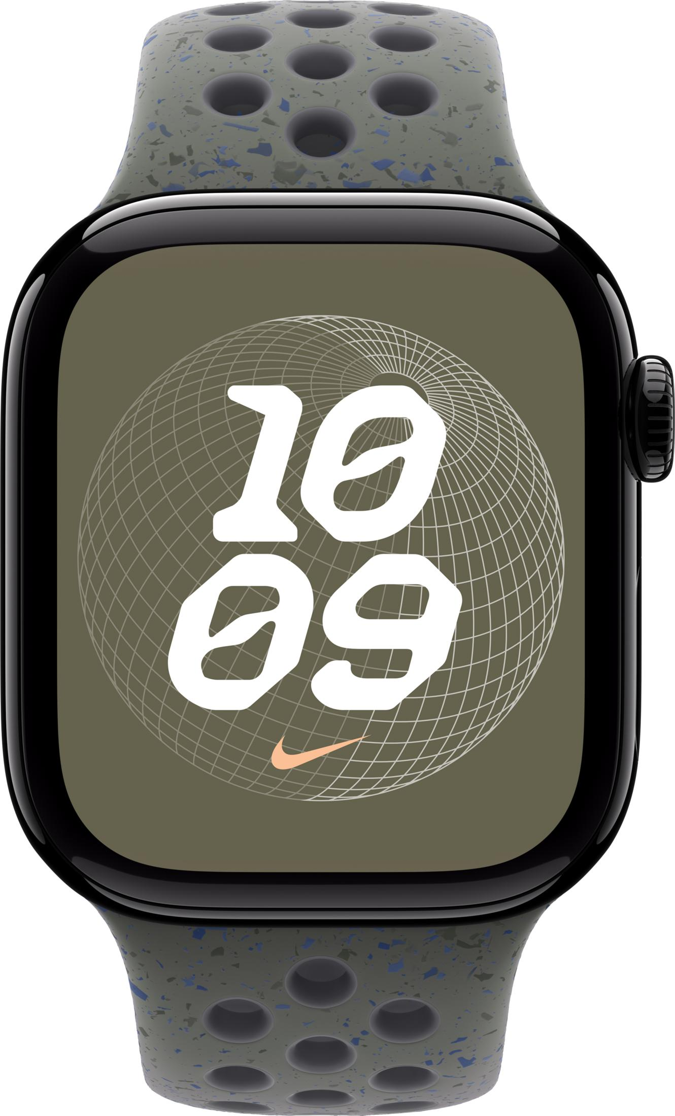 Szary Apple Watch z paskiem Nike, tarcza pokazuje 10:09.