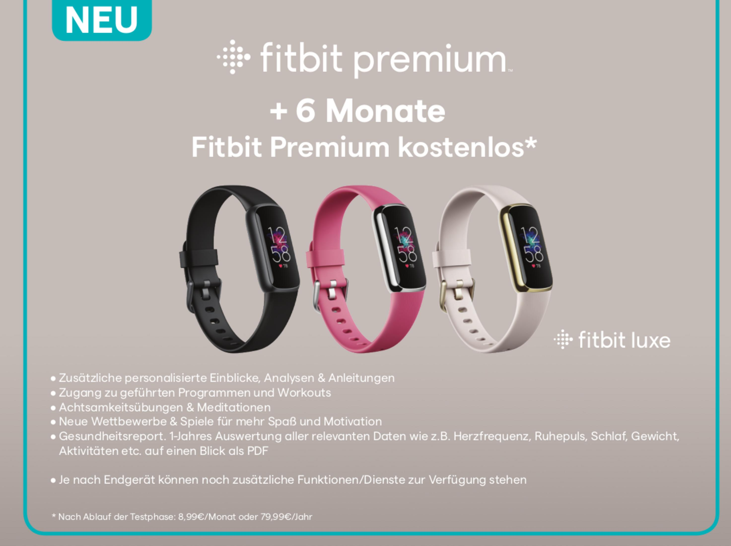 Drei Fitbit Luxe Tracker in Schwarz, Rosa und Weiß mit "Neu"-Label.