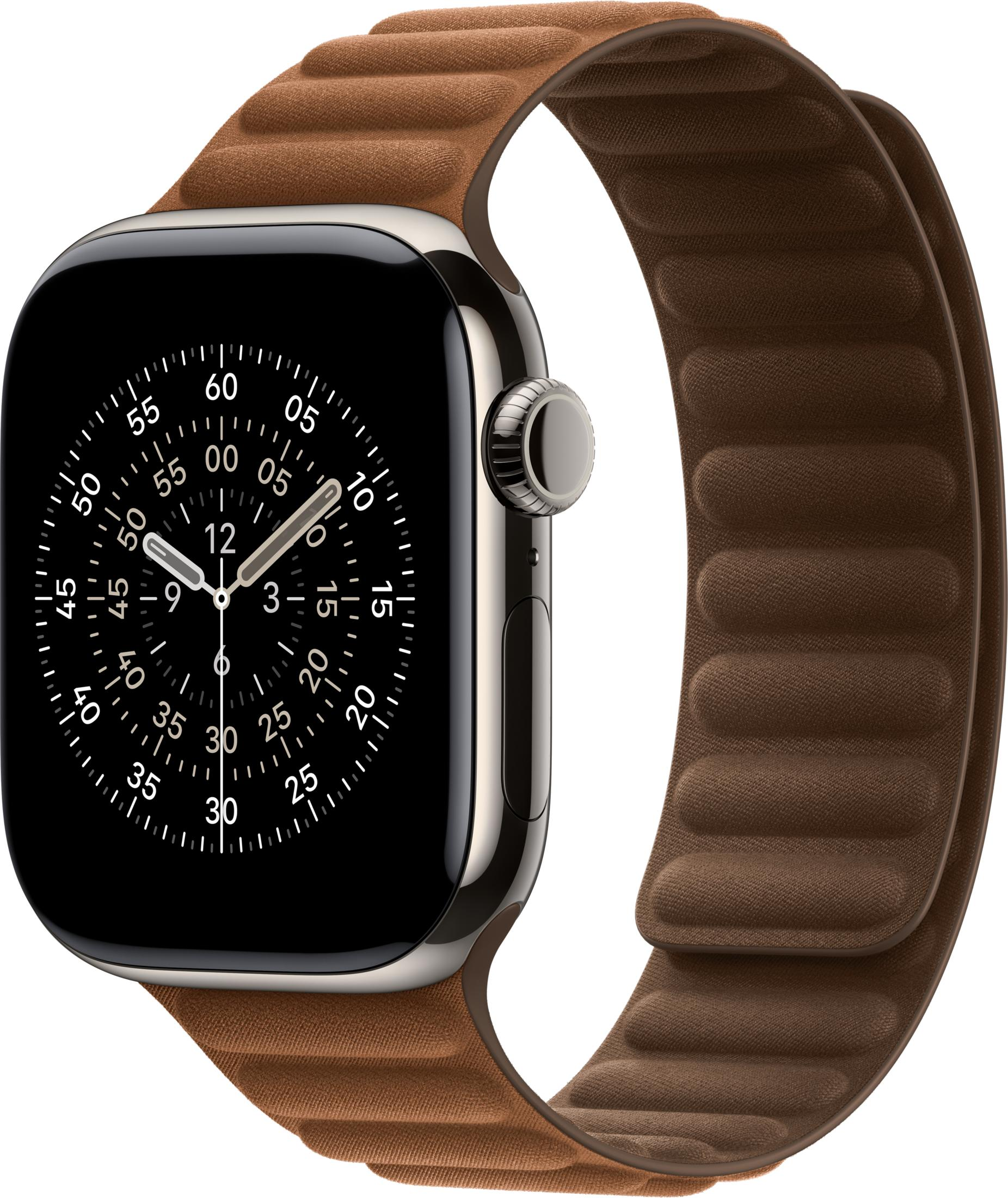 Uno smartwatch argentato con cinturino in tessuto marrone e quadrante nero.
