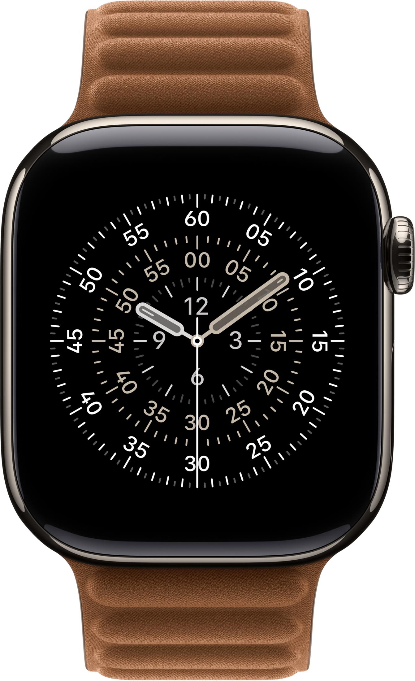 Primo piano di uno smartwatch con cinturino in pelle marrone e quadrante nero.