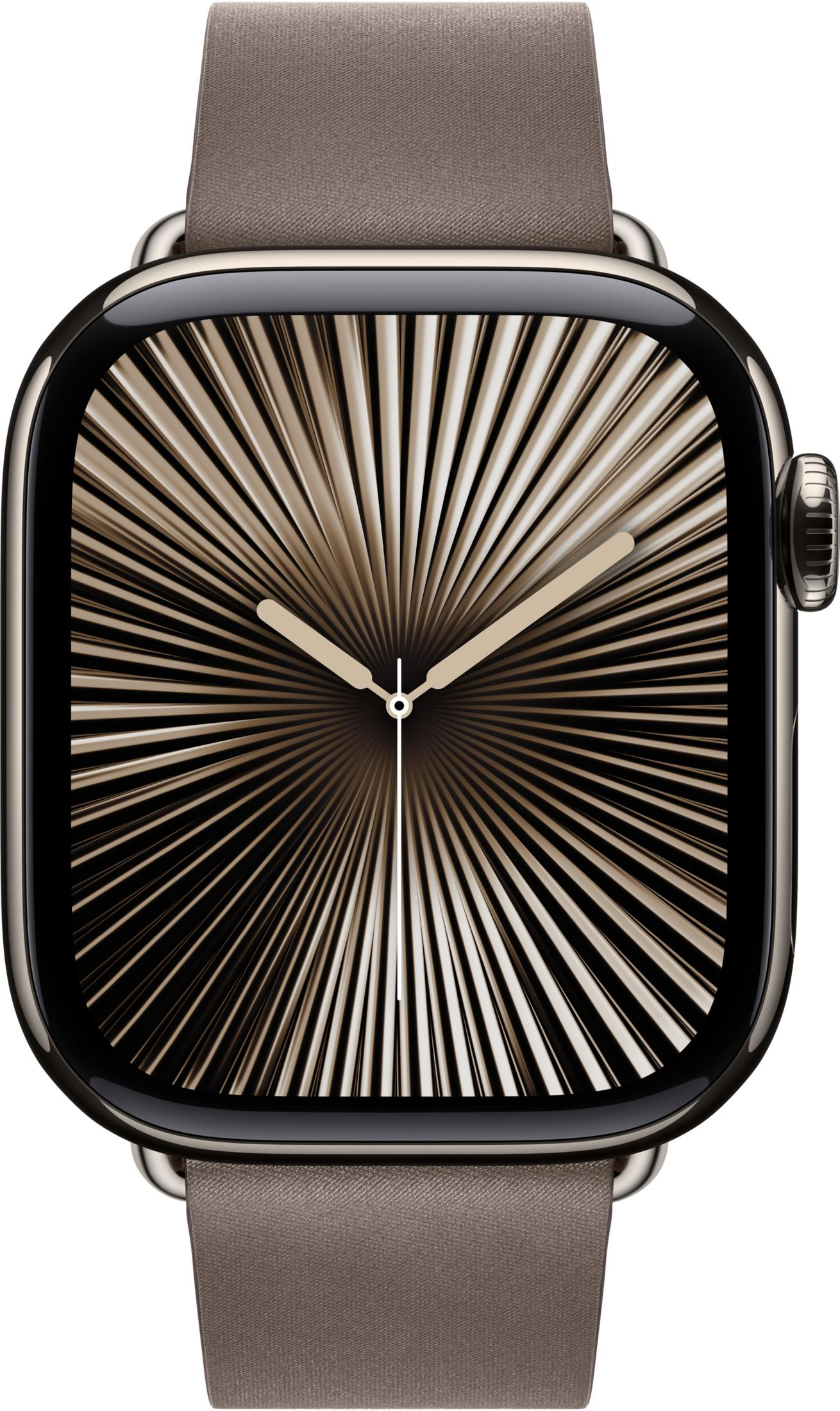 Złoty smartwatch z brązowym skórzanym paskiem i tarczą radialną.