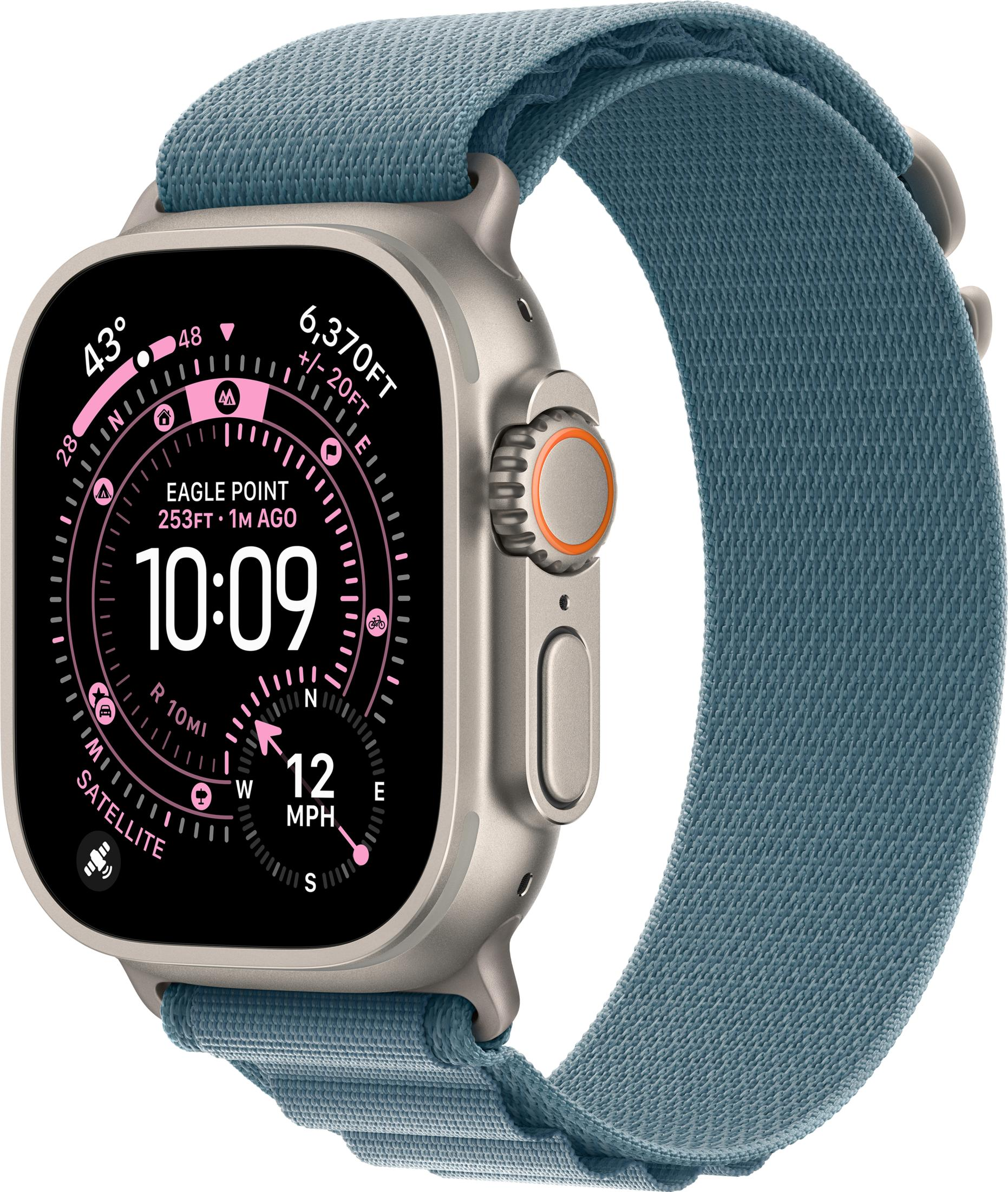 Eine Smartwatch mit blauem Band und silbernem Gehäuse zeigt 10:09 Uhr an.