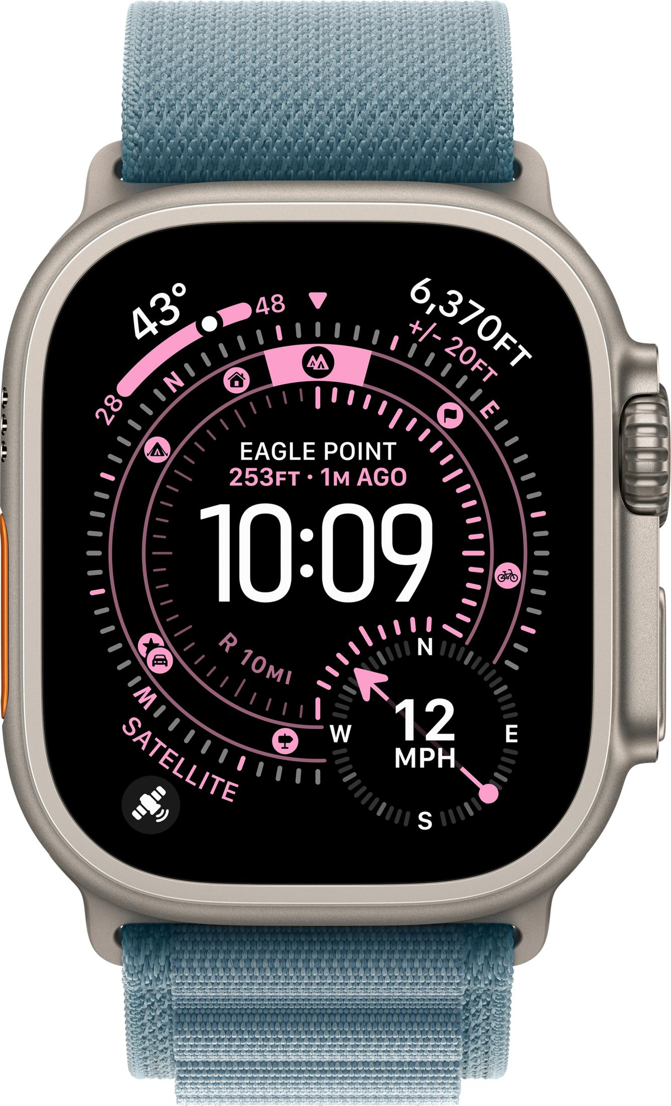 Eine Smartwatch mit blauem Band zeigt 10:09 Uhr, 43°, 6.370 Fuß Höhe und 12 MPH.