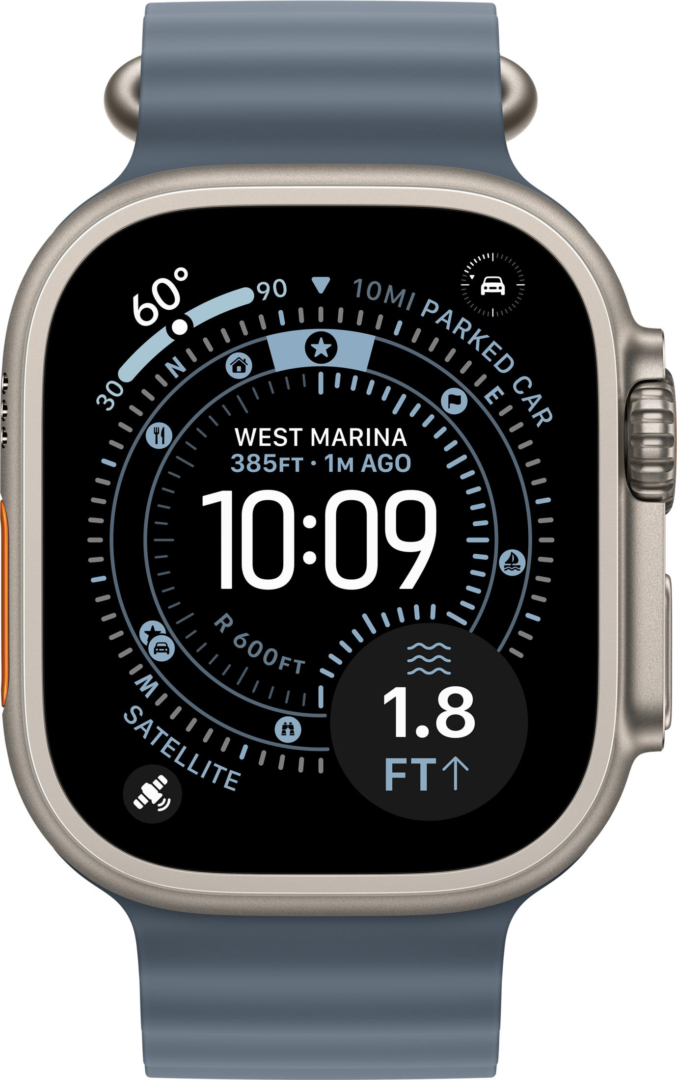 Uno smartwatch grigio mostra 10:09, 60°, 1,8 FT su e posizione auto parcheggiata.