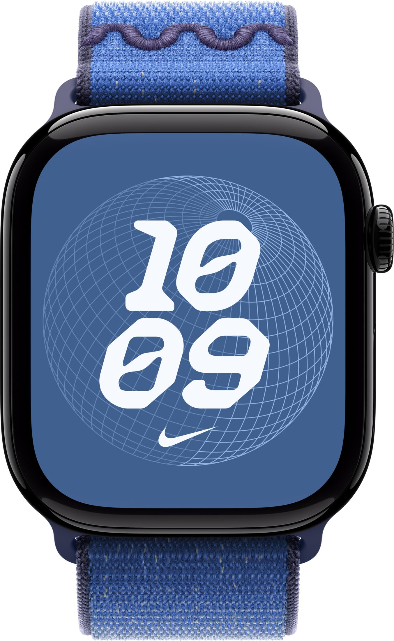 Eine digitale Uhr mit blauem Zifferblatt und einem Weltkartenmuster.