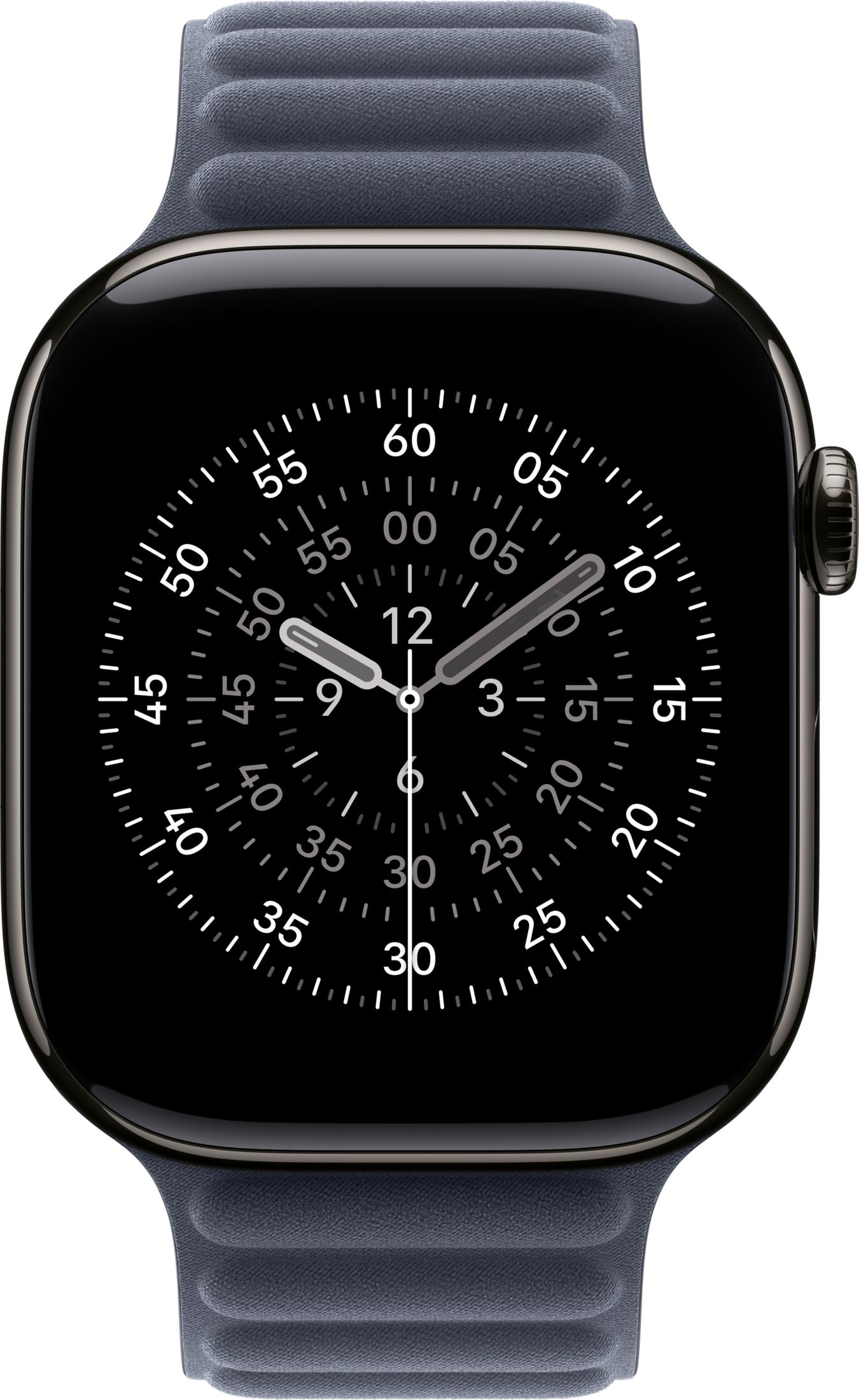 Un reloj inteligente gris con esfera negra que muestra la hora.