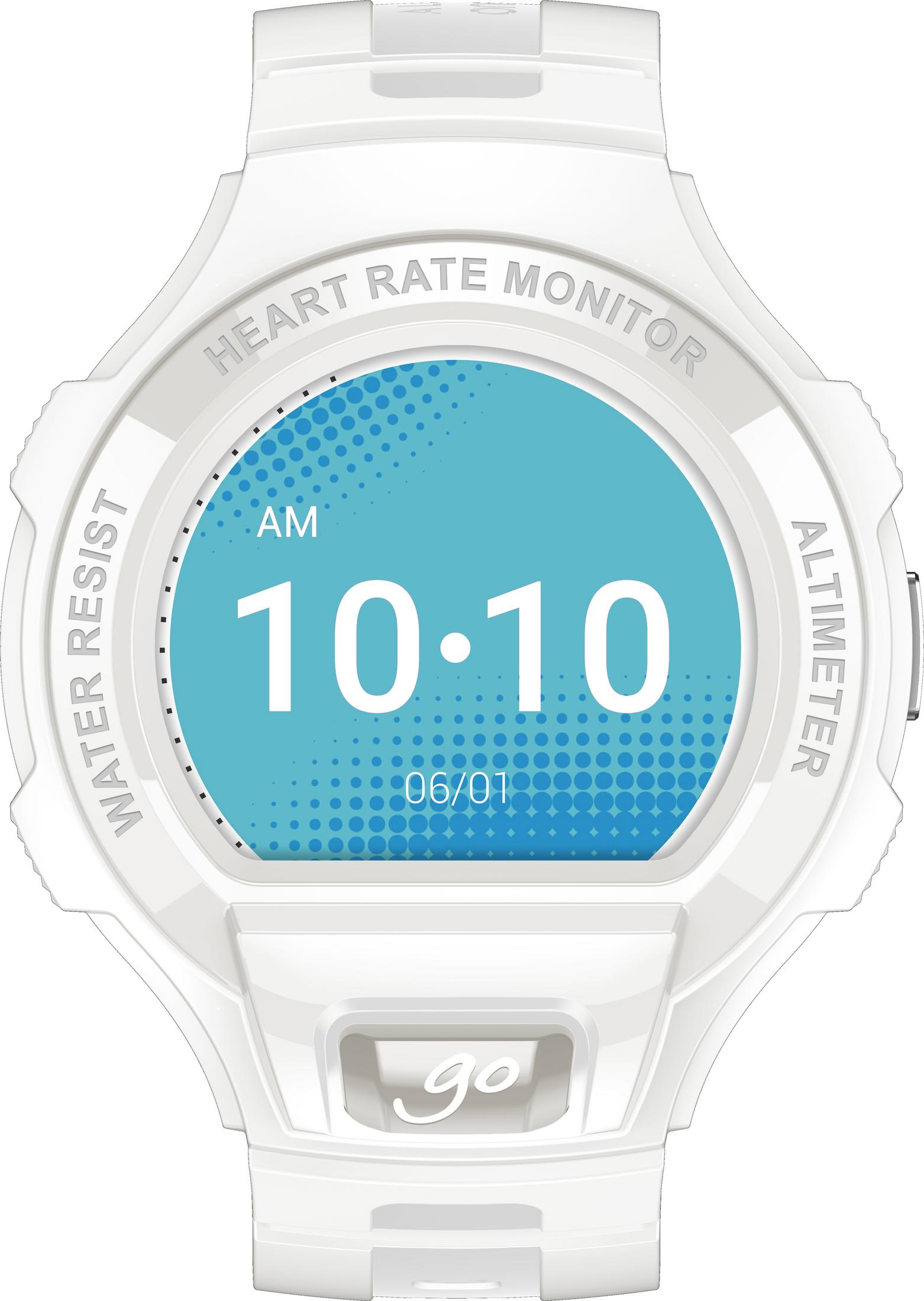 Reloj inteligente blanco con esfera azul muestra hora 10:10 y fecha 06/01.