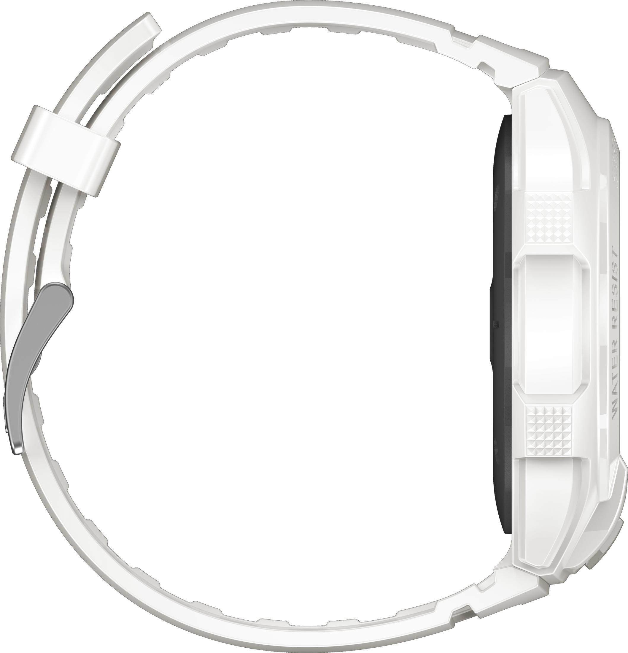 Un reloj digital blanco con correa ancha, visto de lado.