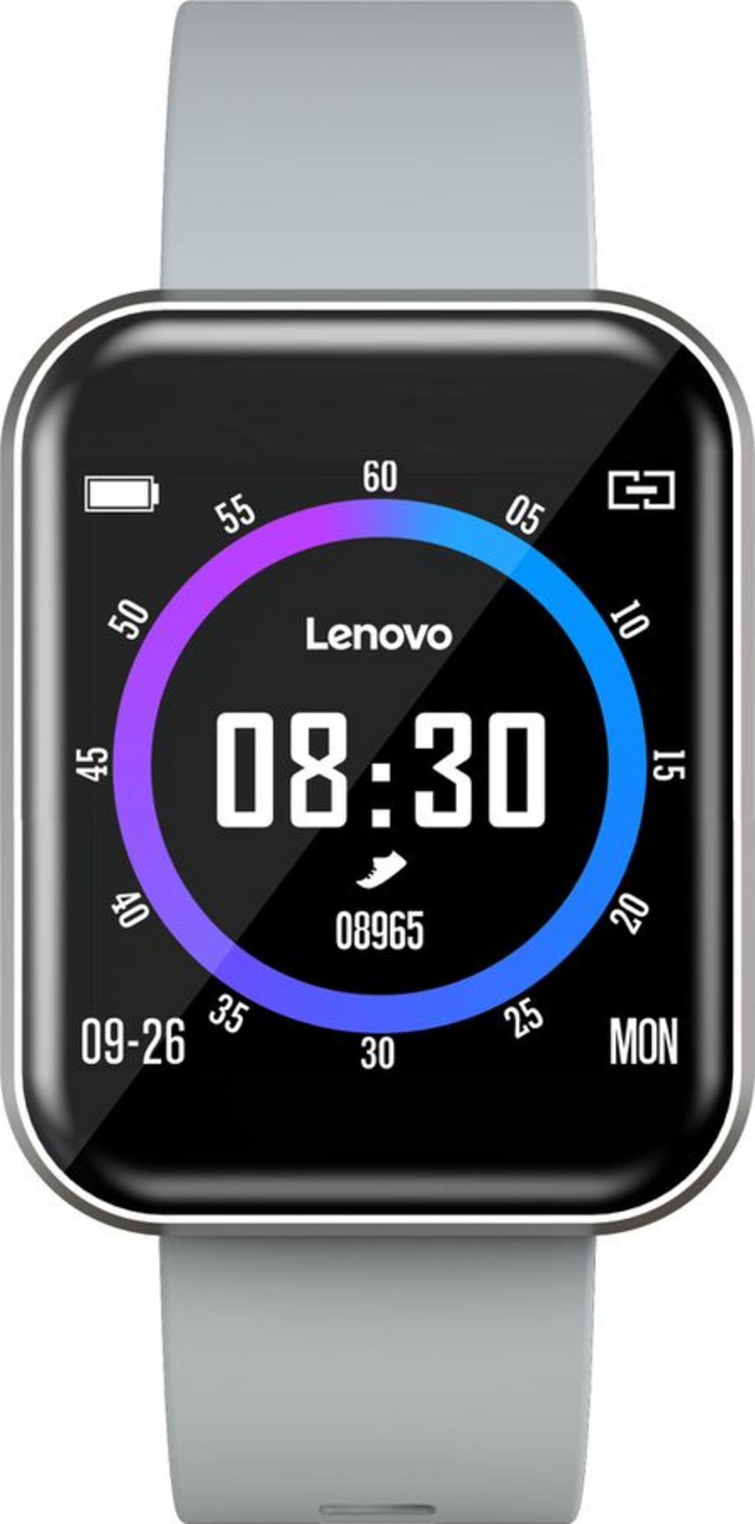 Una pantalla de reloj inteligente rectangular muestra 08:30, fecha 09-26, Lunes.