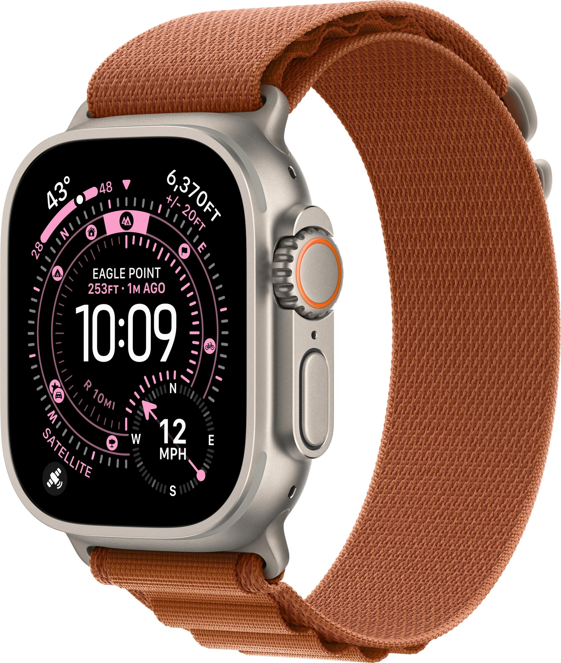 Uno smartwatch grigio con cinturino in tessuto marrone mostra le 10:09, 43 gradi, 6.370 piedi.