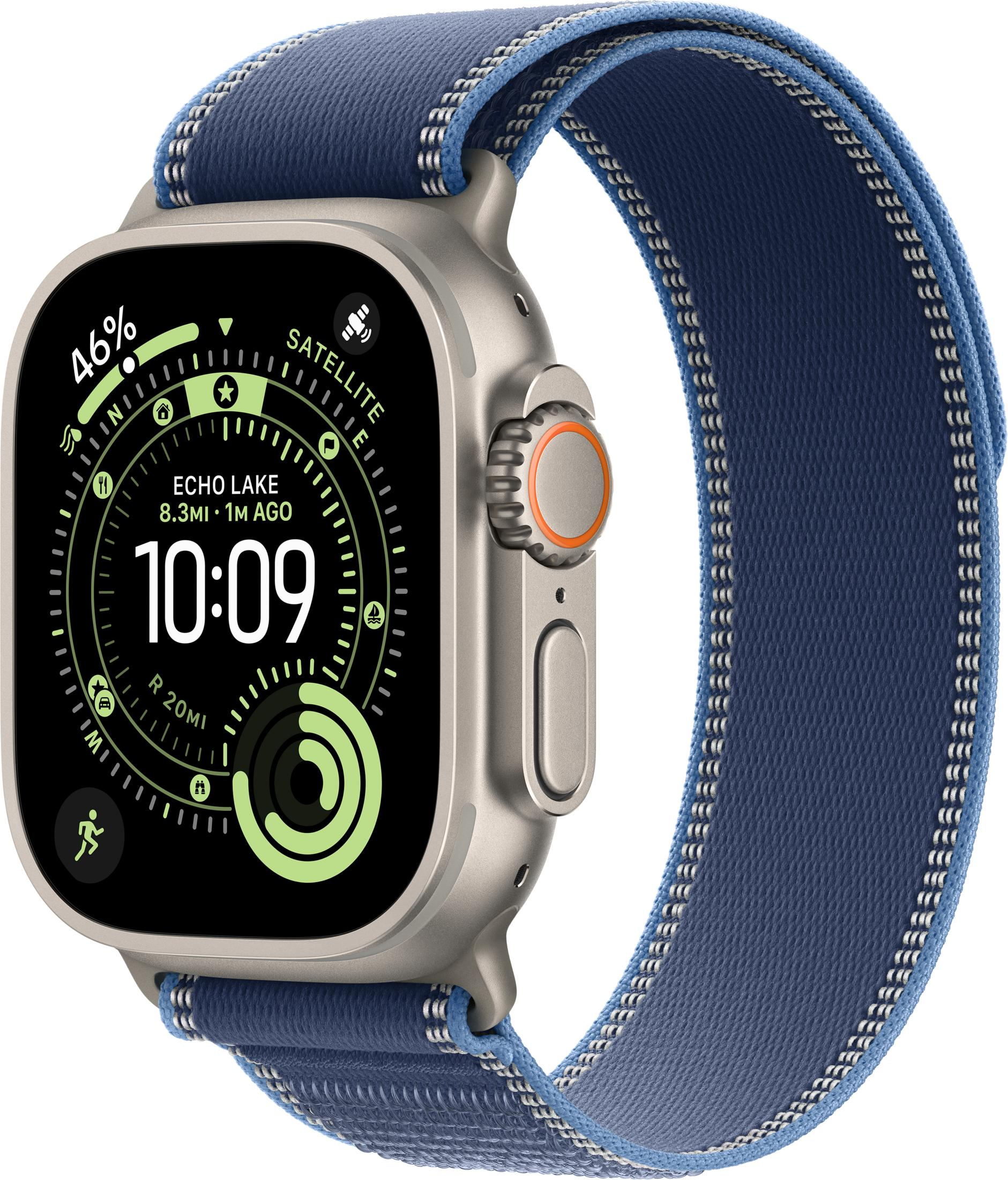 Uno smartwatch argentato con cinturino in tessuto blu, mostra le 10:09 e dati fitness.