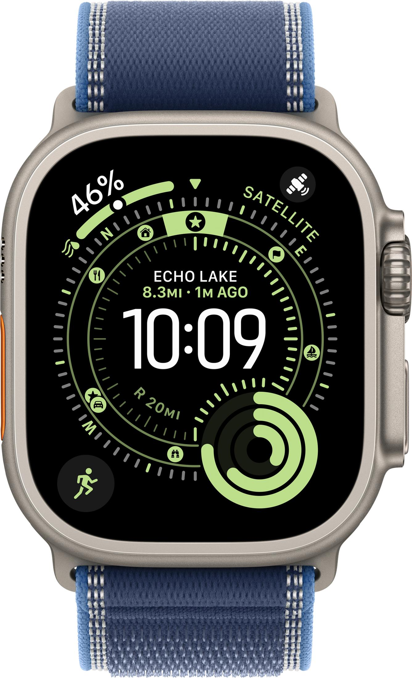 Uno smartwatch con cinturino blu mostra le 10:09, 46% batteria e icona satellite.