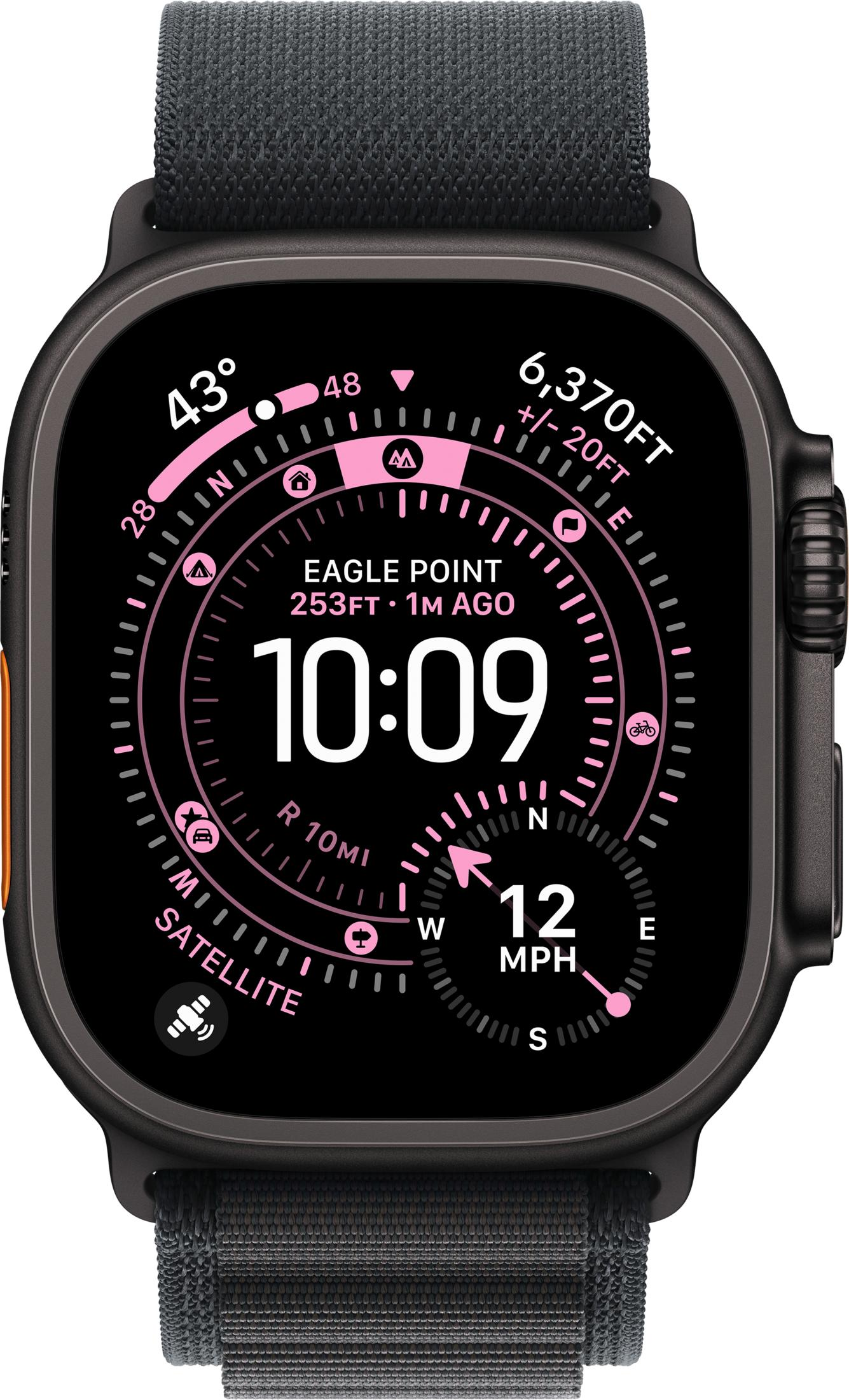 Un reloj inteligente con banda negra muestra 43 grados, 10:09 AM, 6.370 pies.