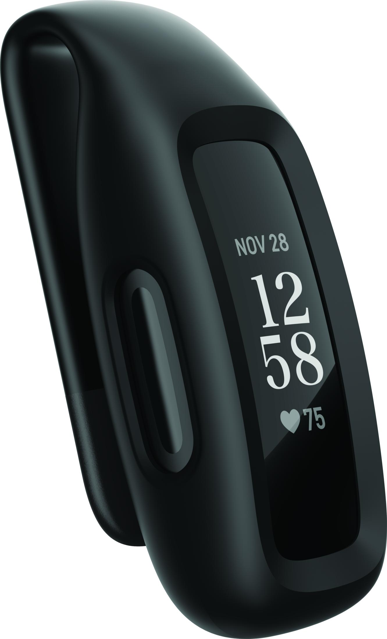 Schwarzer Fitnesstracker mit digitaler Anzeige: NOV 28, 12:58, 75 Schläge.