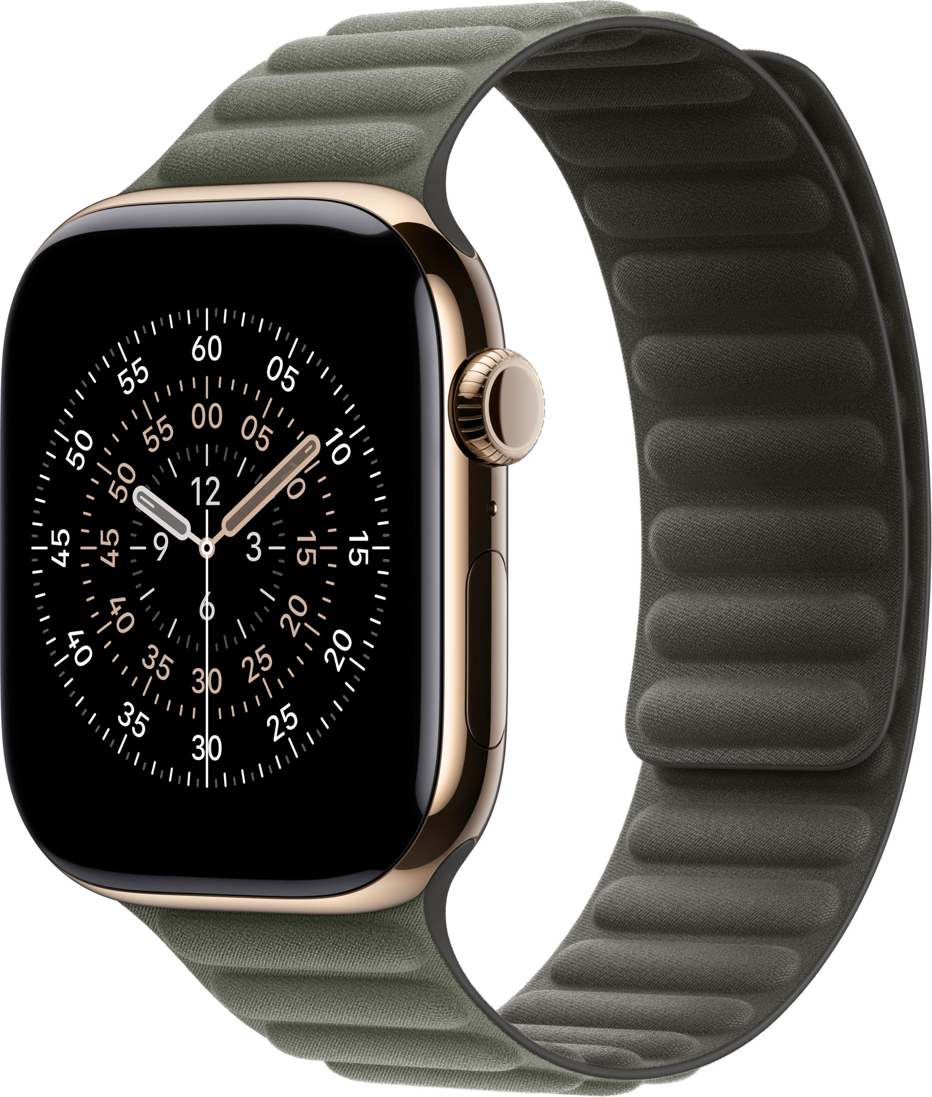 Uno smartwatch dorato con cinturino in tessuto verde e quadrante nero.