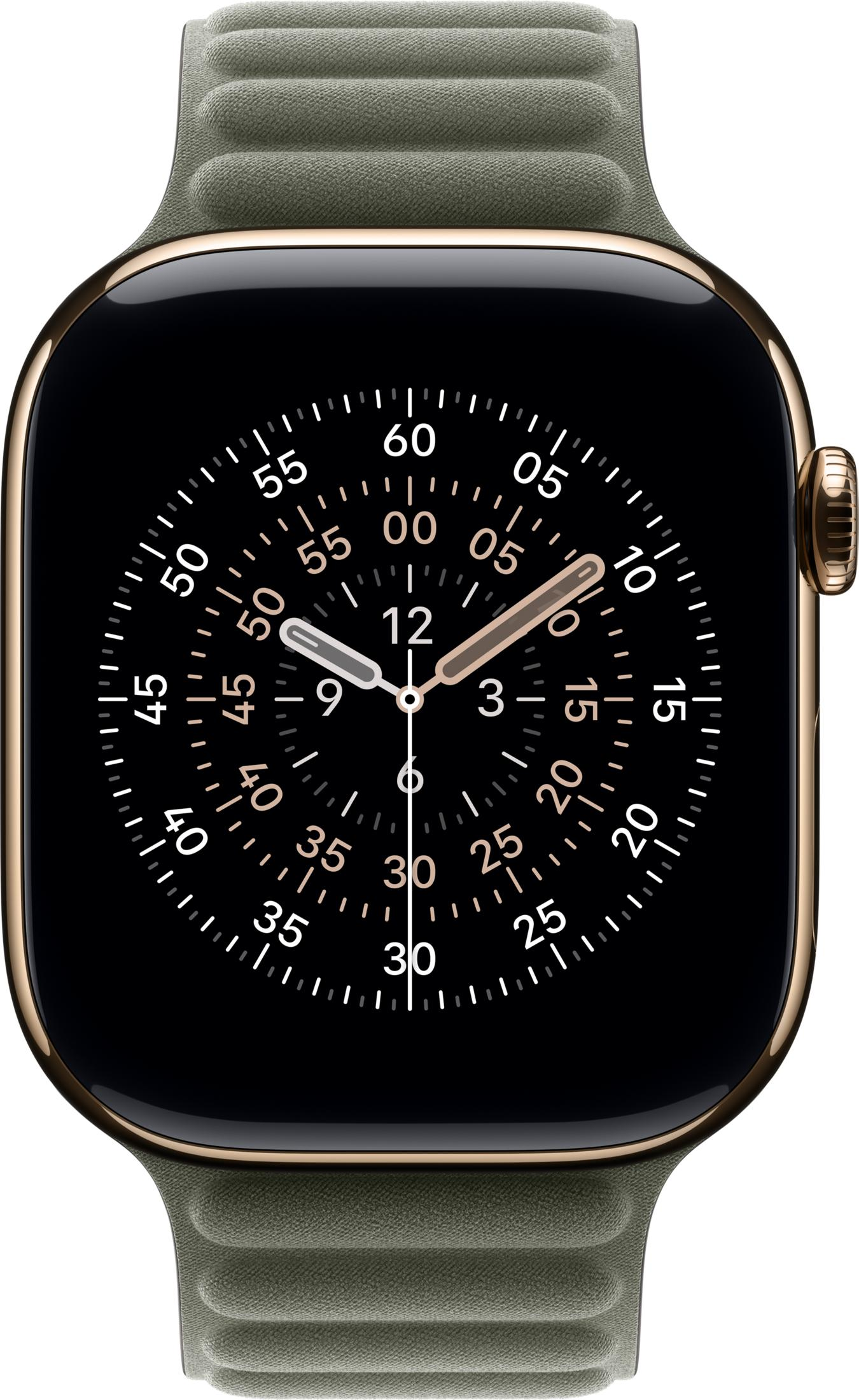 Un reloj inteligente dorado con correa verde y esfera negra.