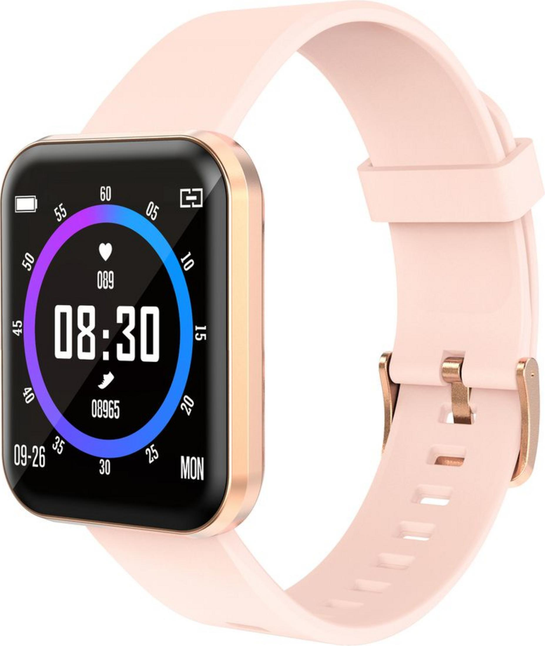 Uno smartwatch rosa con display quadrato che mostra le 08:30.