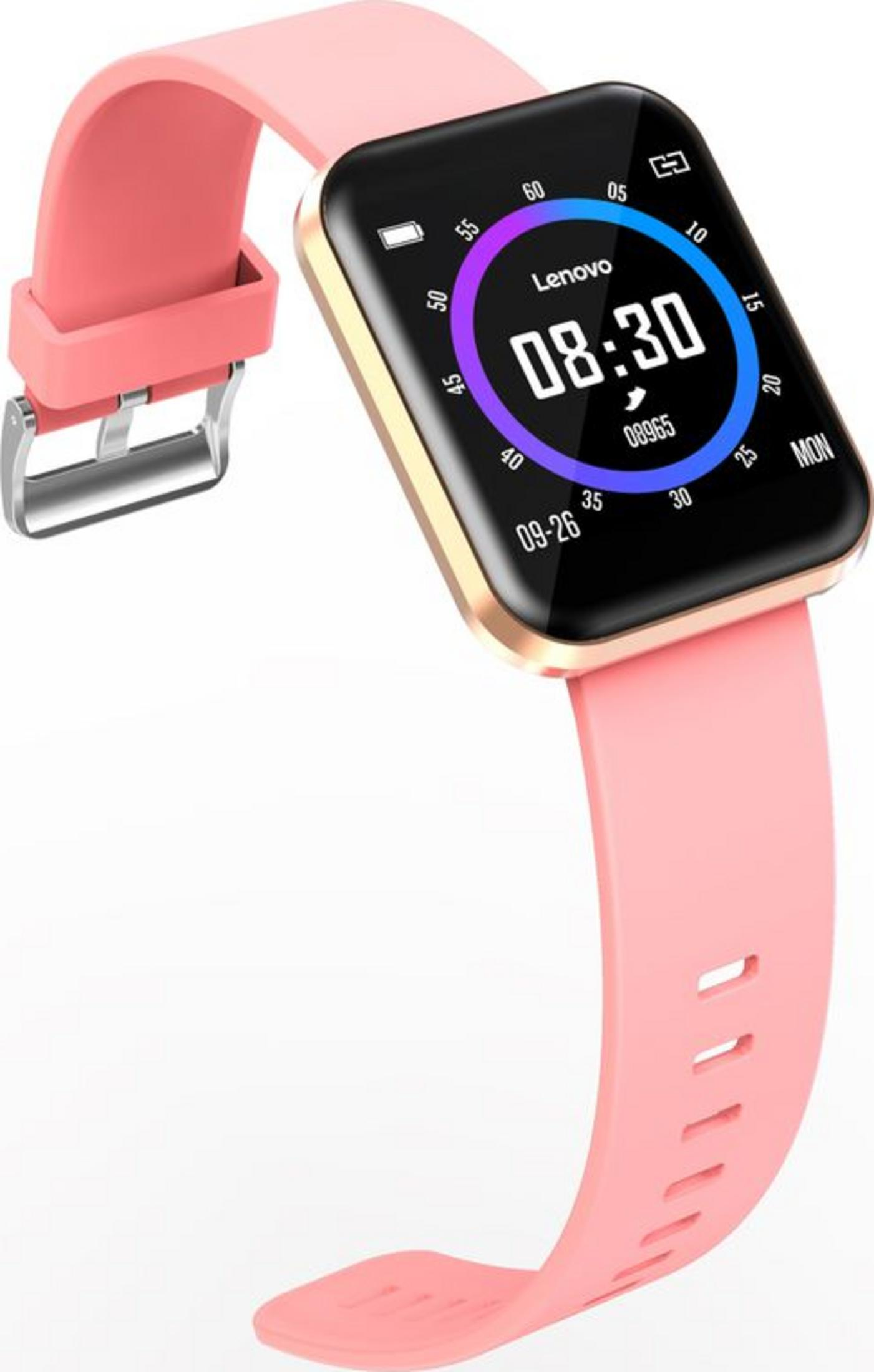 Uno smartwatch Lenovo rosa con ghiera dorata mostra 08:30, 09-26 e 08965.