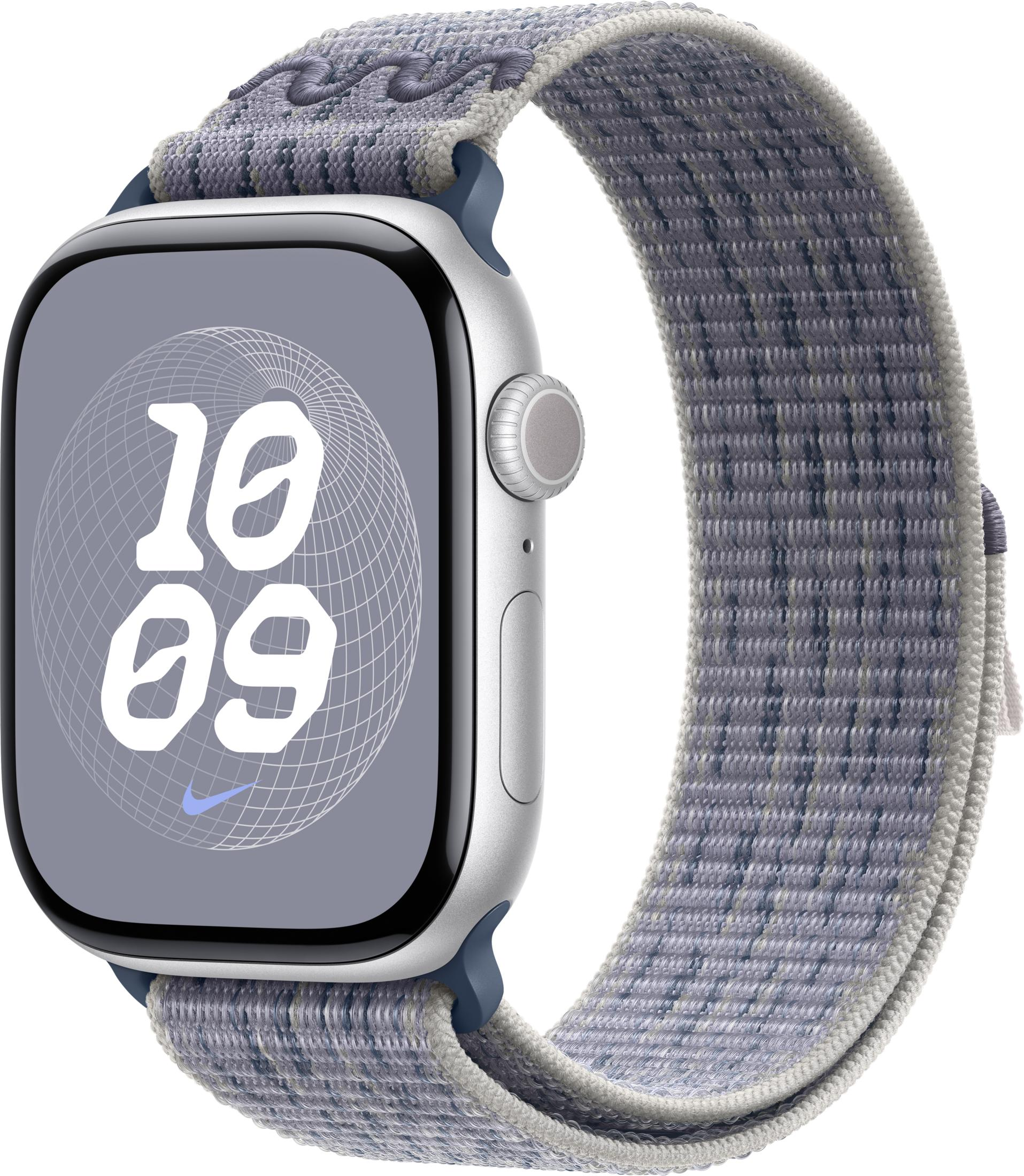 Srebrny Apple Watch z niebiesko-szarą plecioną bransoletą i tarczą.