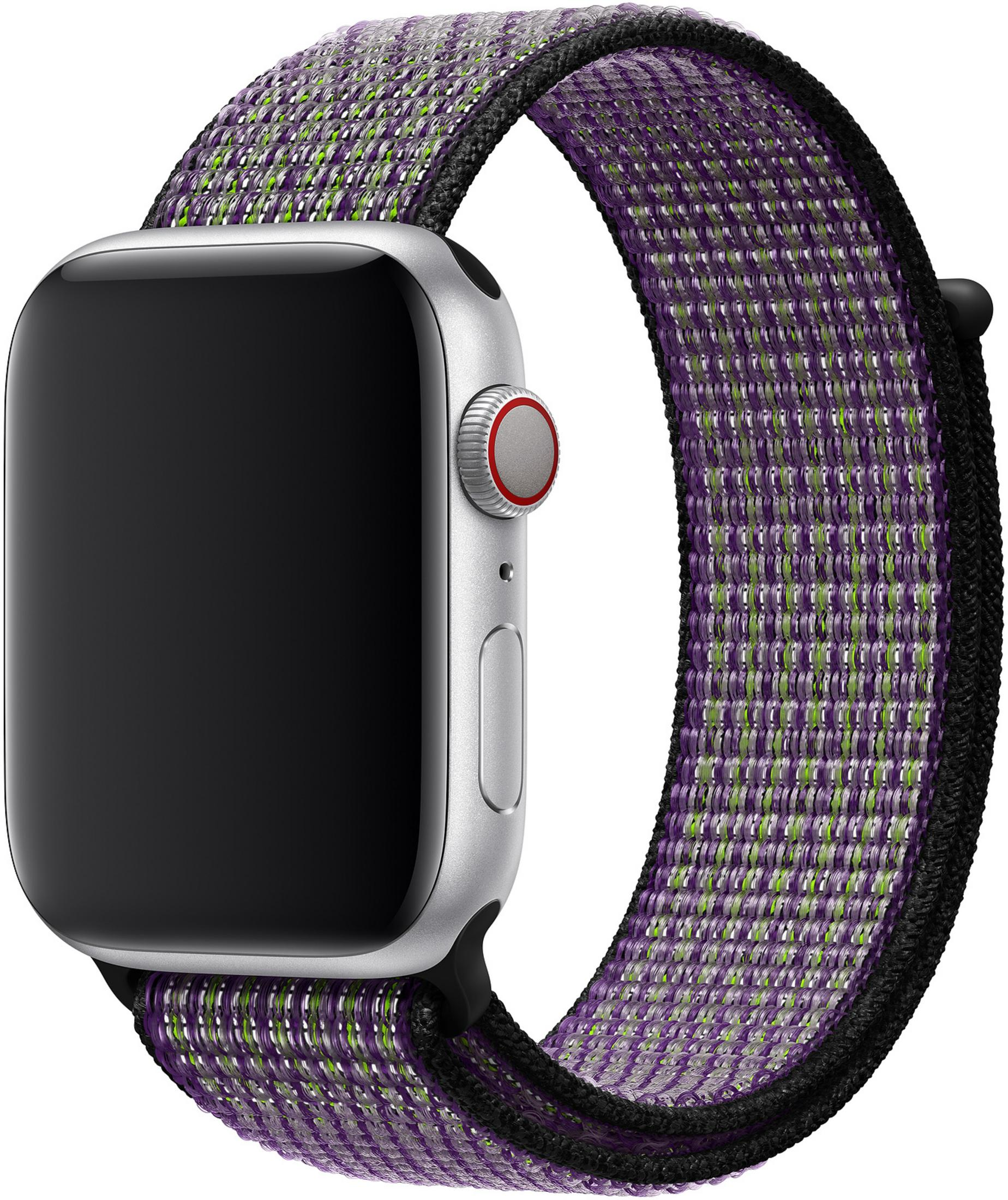 Zilveren smartwatch met paars en groen geweven band.