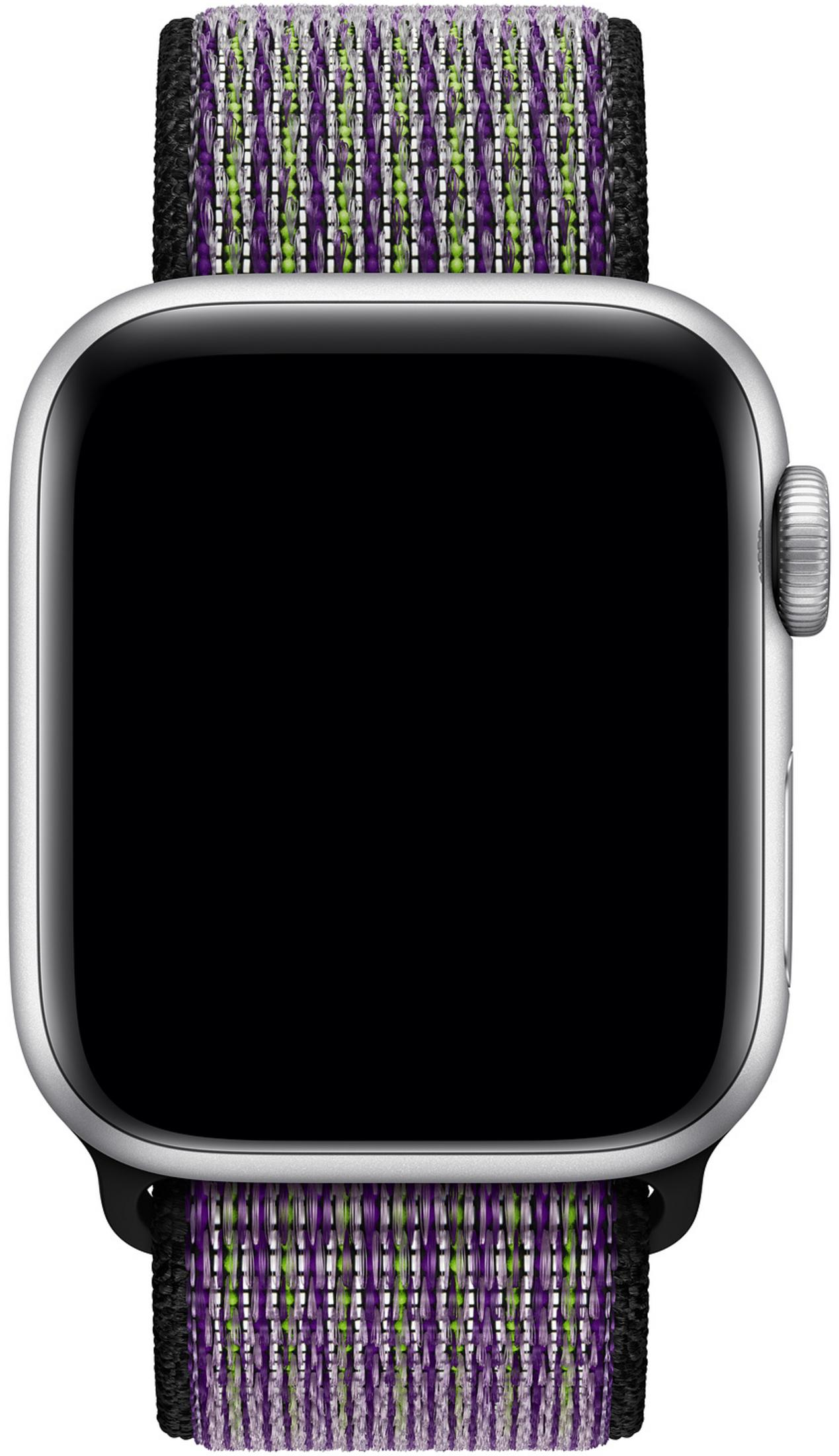 Zilverkleurig smartwatch met paars en groen stoffen bandje.