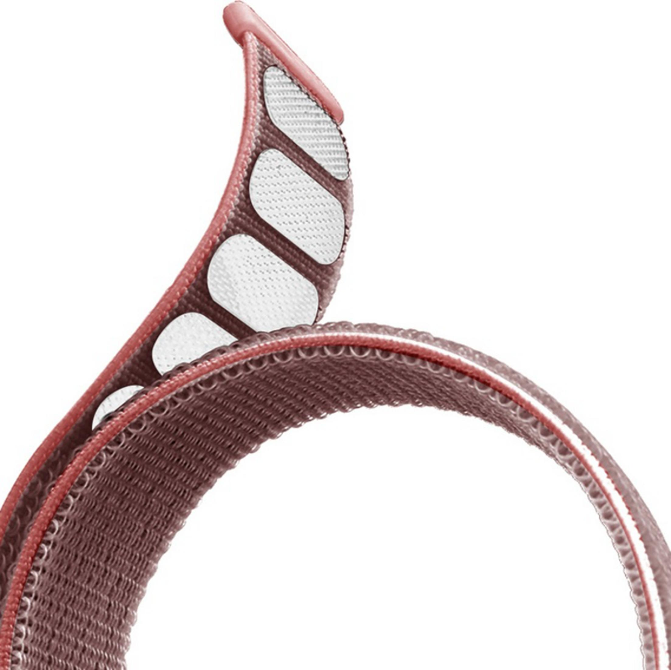 Cinturino in tessuto marrone con cuciture rosse e patch in velcro bianchi.