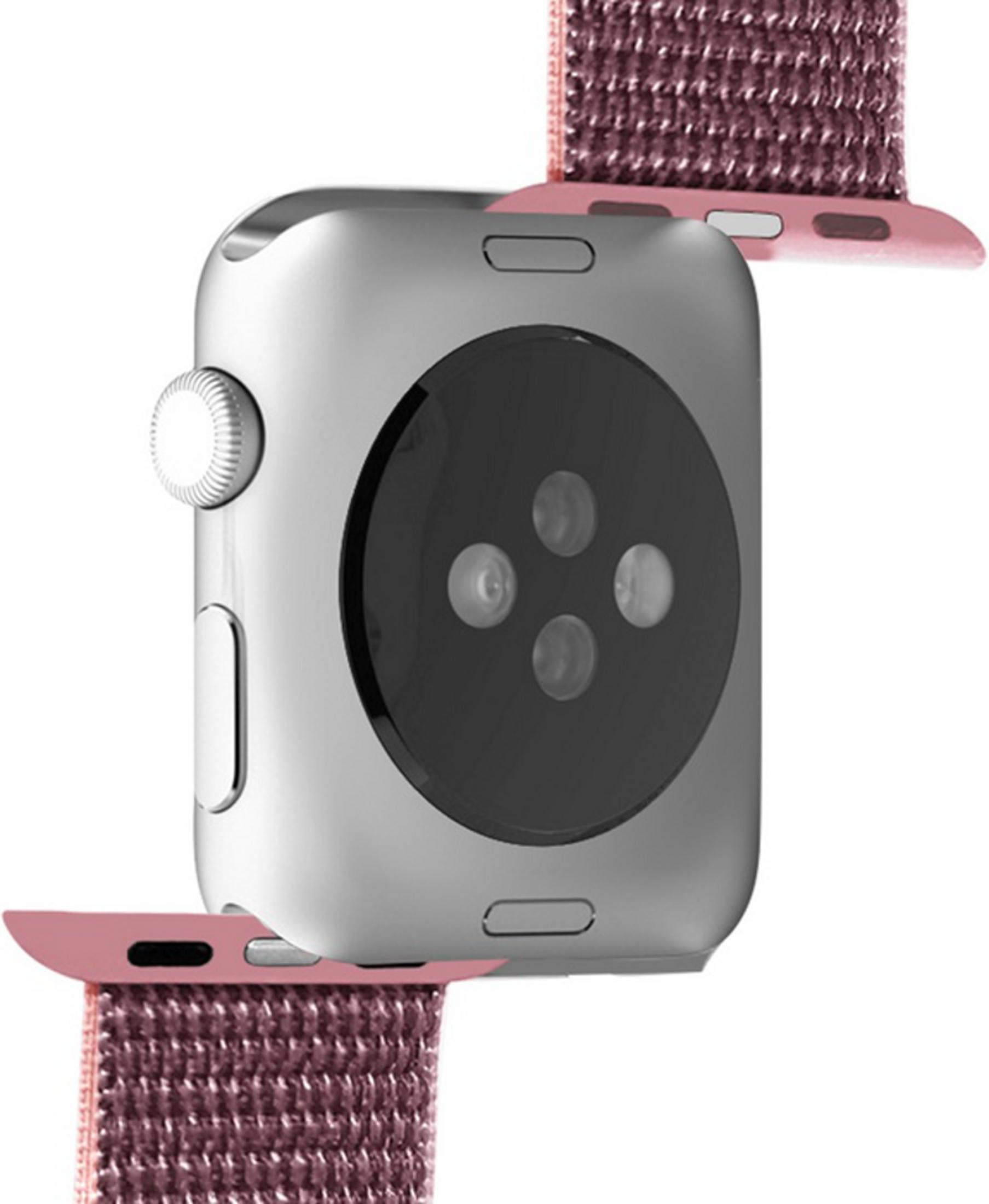 Retro di uno smartwatch argentato con sensore di frequenza cardiaca e cinturino rosa.