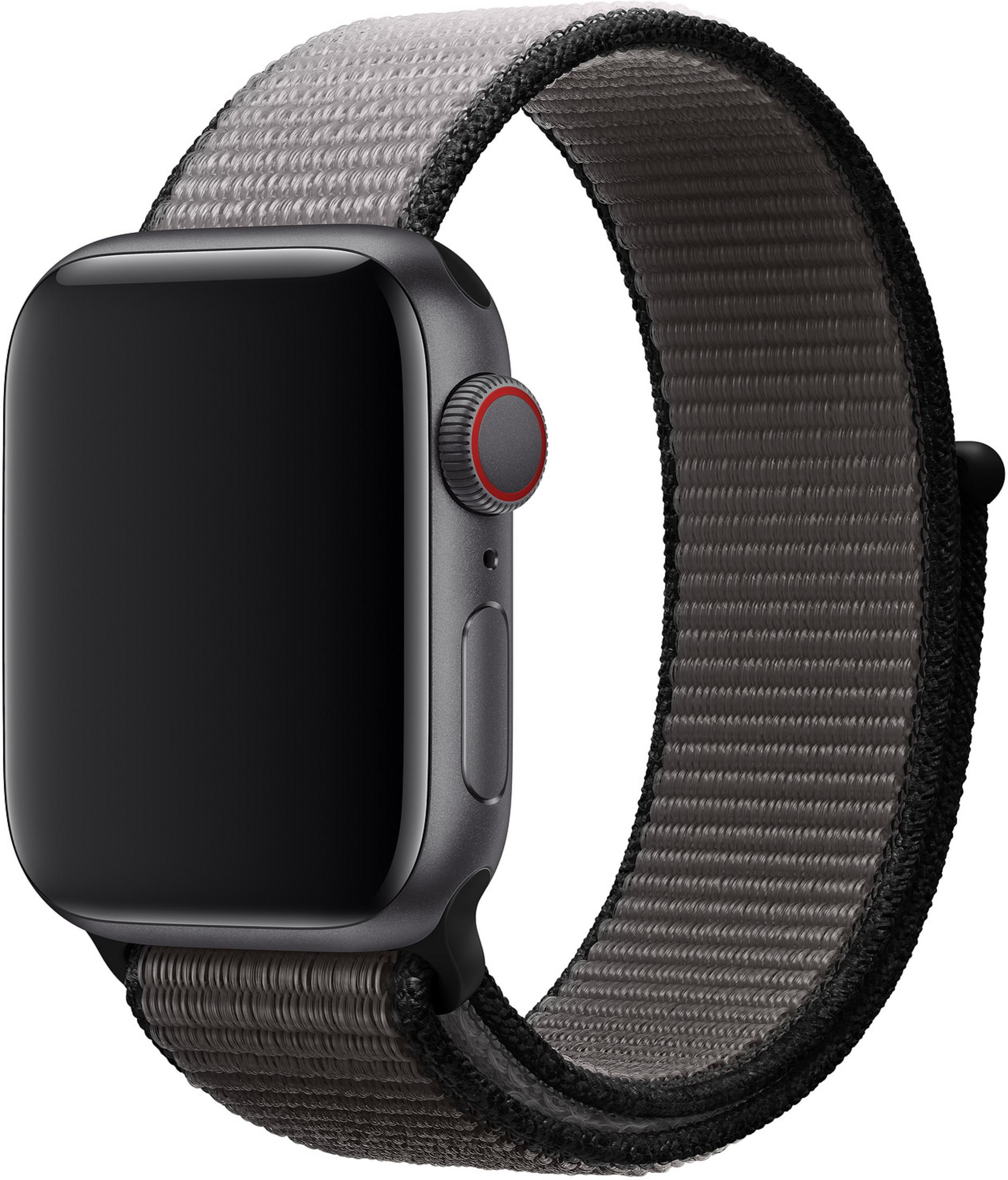 Graues Armband für eine dunkle Smartwatch mit schwarzem Gehäuse und roter Krone.