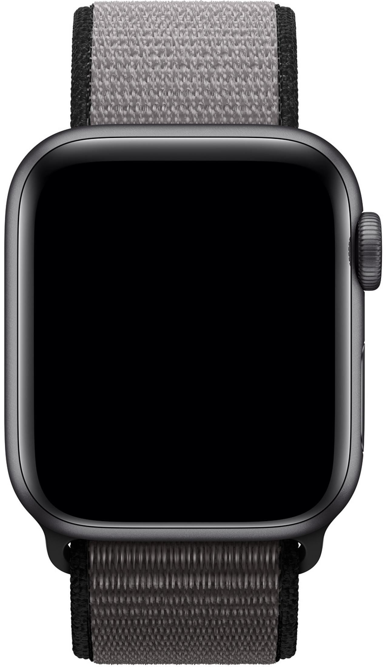 Dunkles Smartwatch mit schwarzem Display und grauem Stoffarmband.