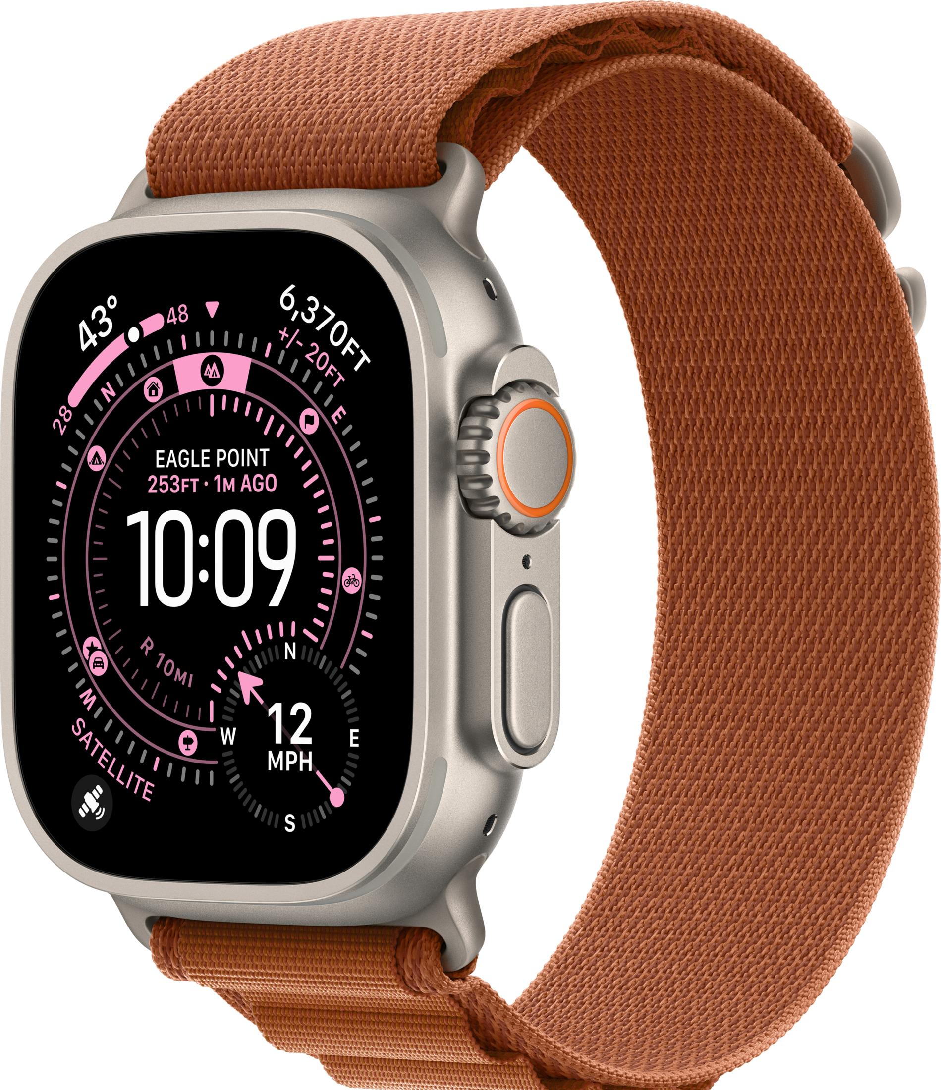 Srebrny smartwatch z brązową tkana opaską wyświetla 10:09, wysokość, prędkość i kompas.
