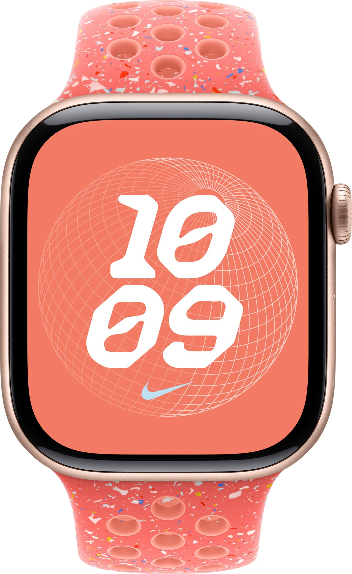 Uno smartwatch con cinturino corallo screziato e display arancione che mostra le 10:09.