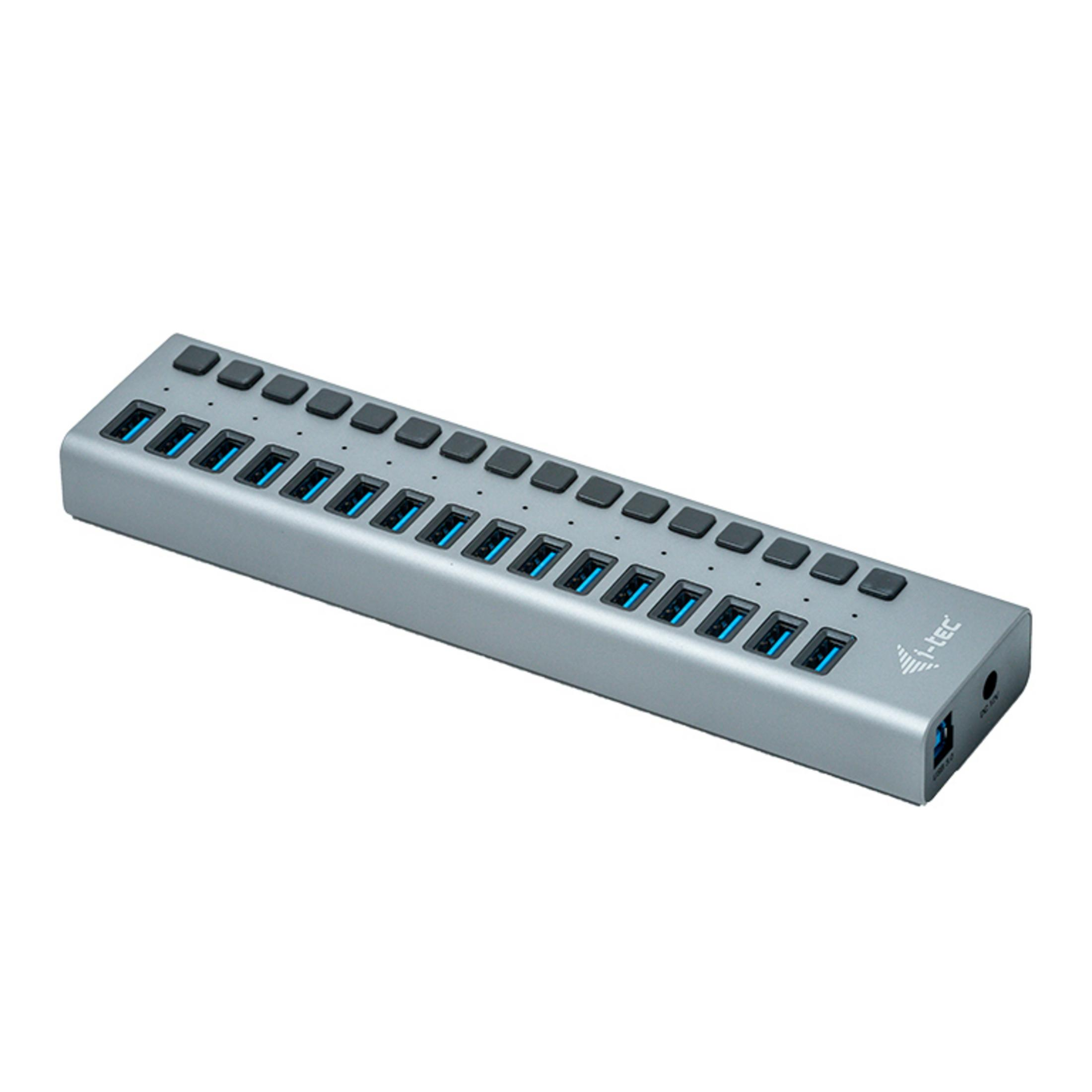 Hub USB grigio con 20 porte e inserti blu.