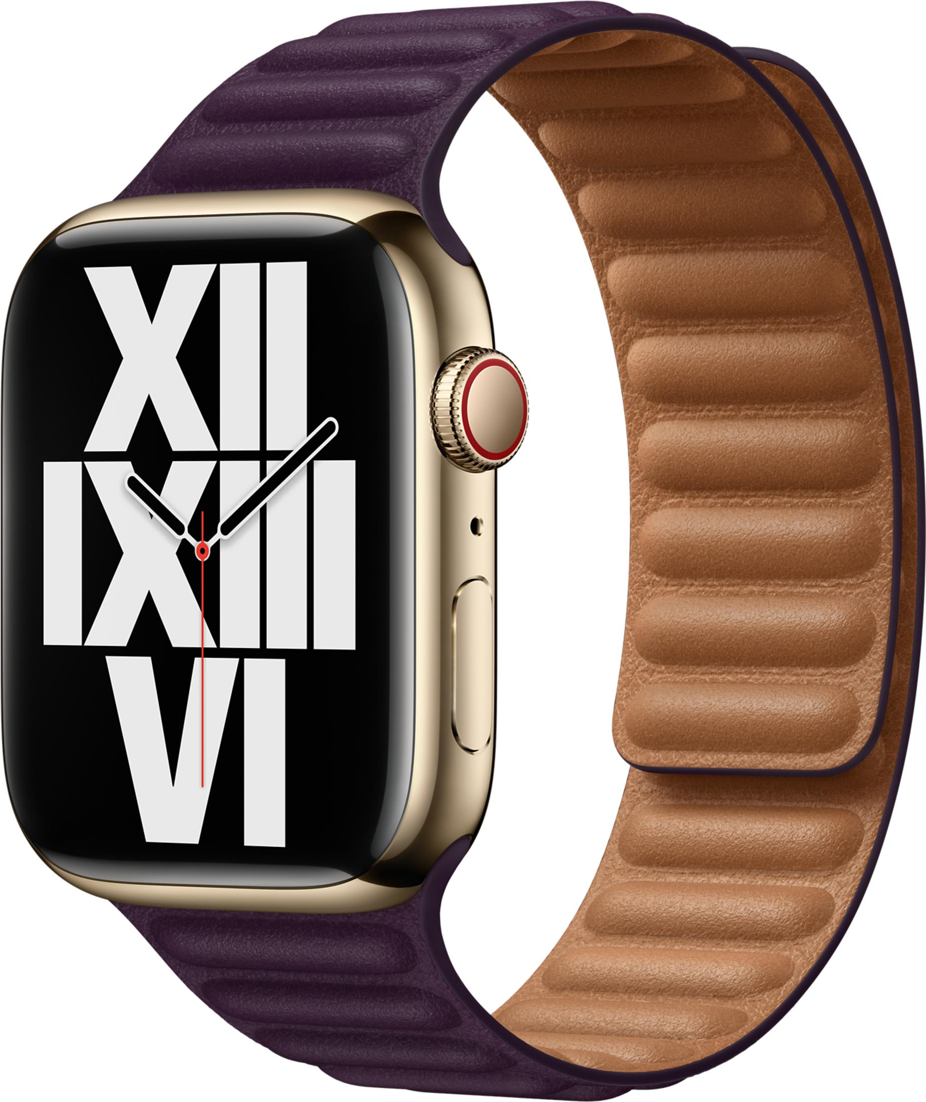 Gouden smartwatch met paars en bruin leren band. Toont Romeinse cijfers.