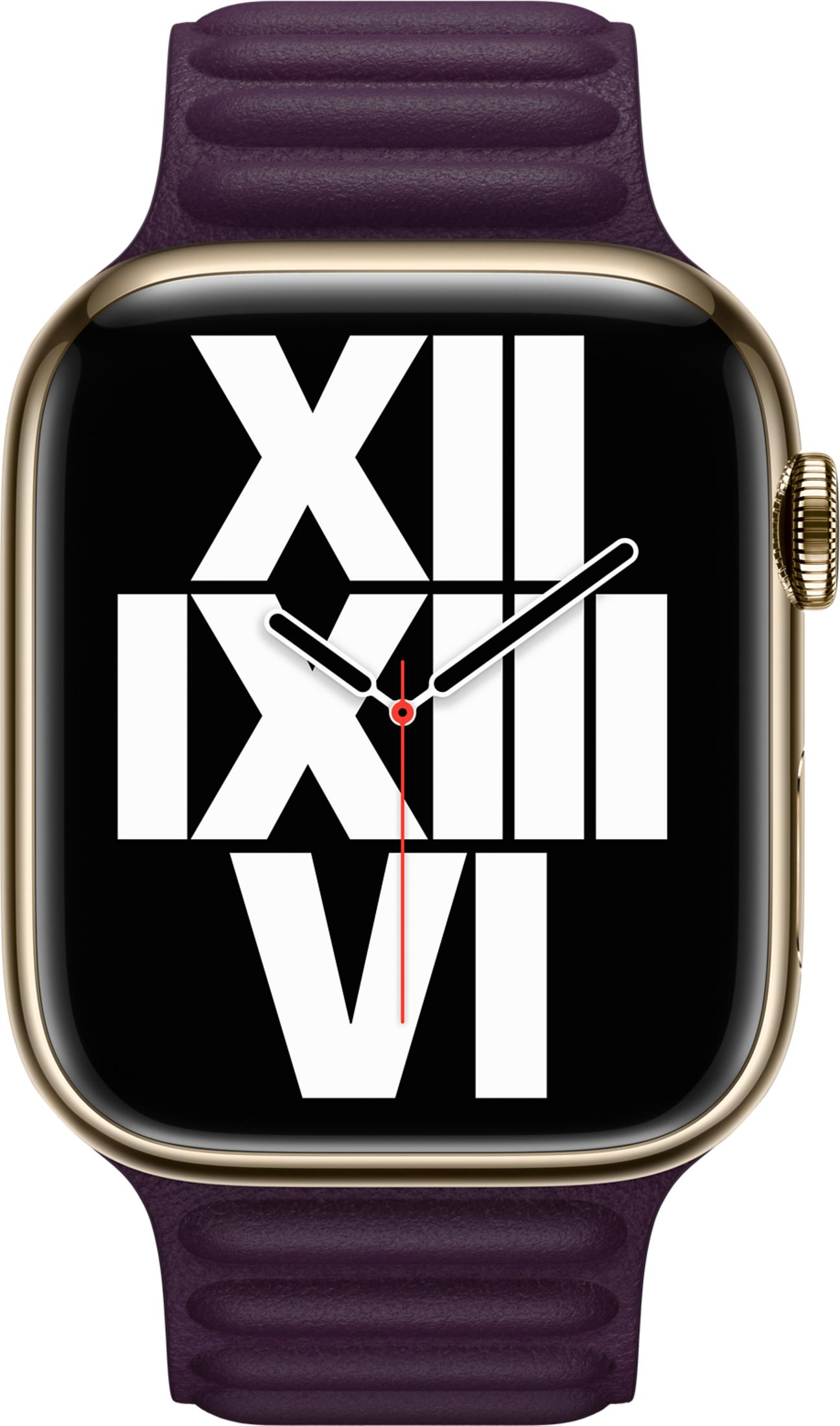 Gouden smartwatch met paars bandje en zwart scherm met witte Romeinse cijfers.