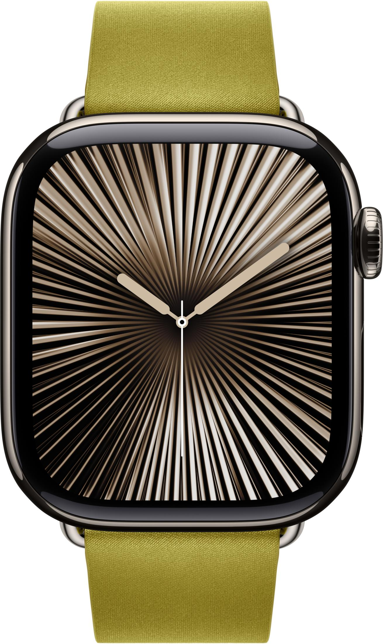 Złoty zegarek z limonkowym paskiem i abstrakcyjną tarczą.